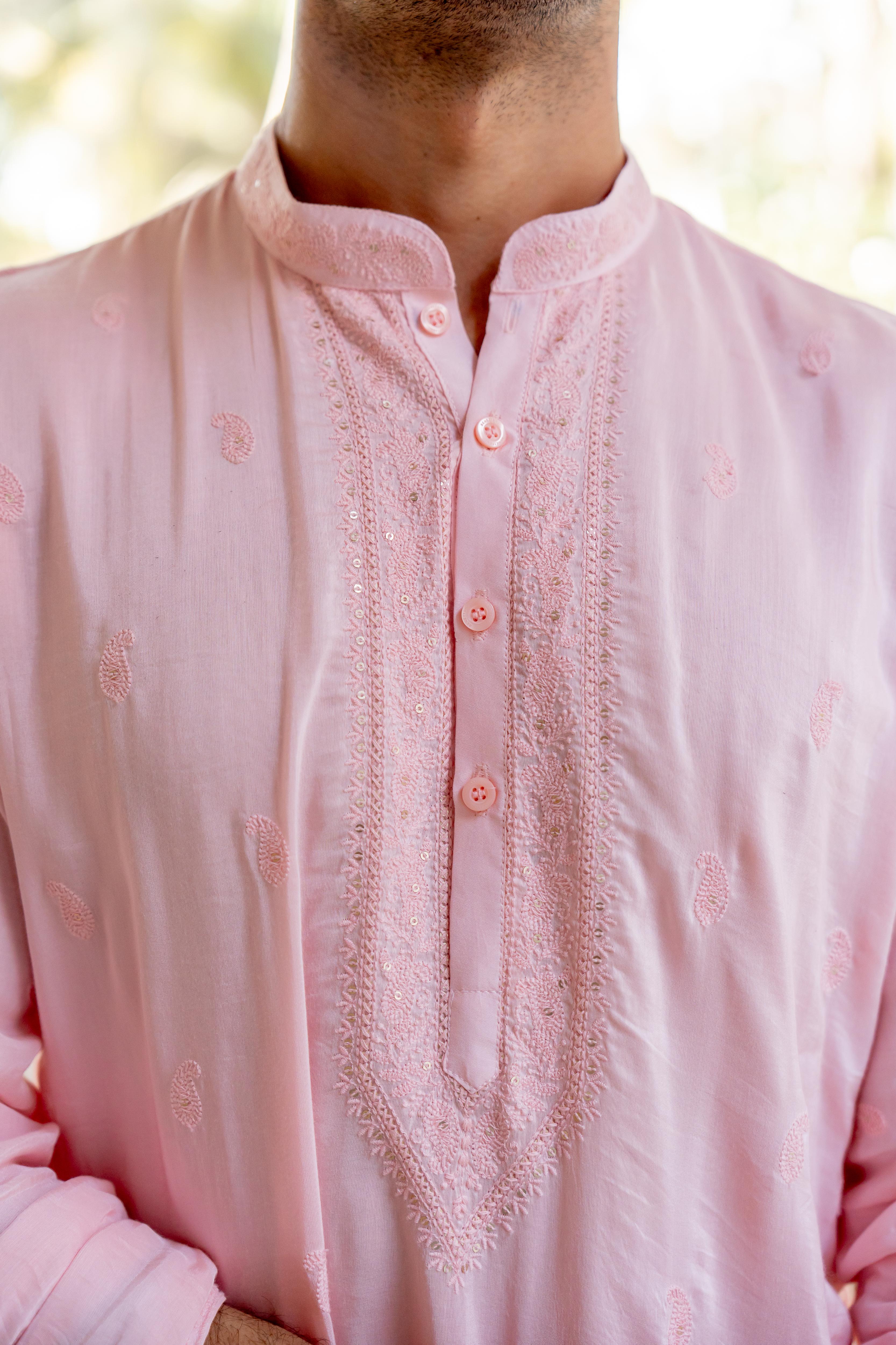 Baby Pink Embroidered Kurta with Off White Pants