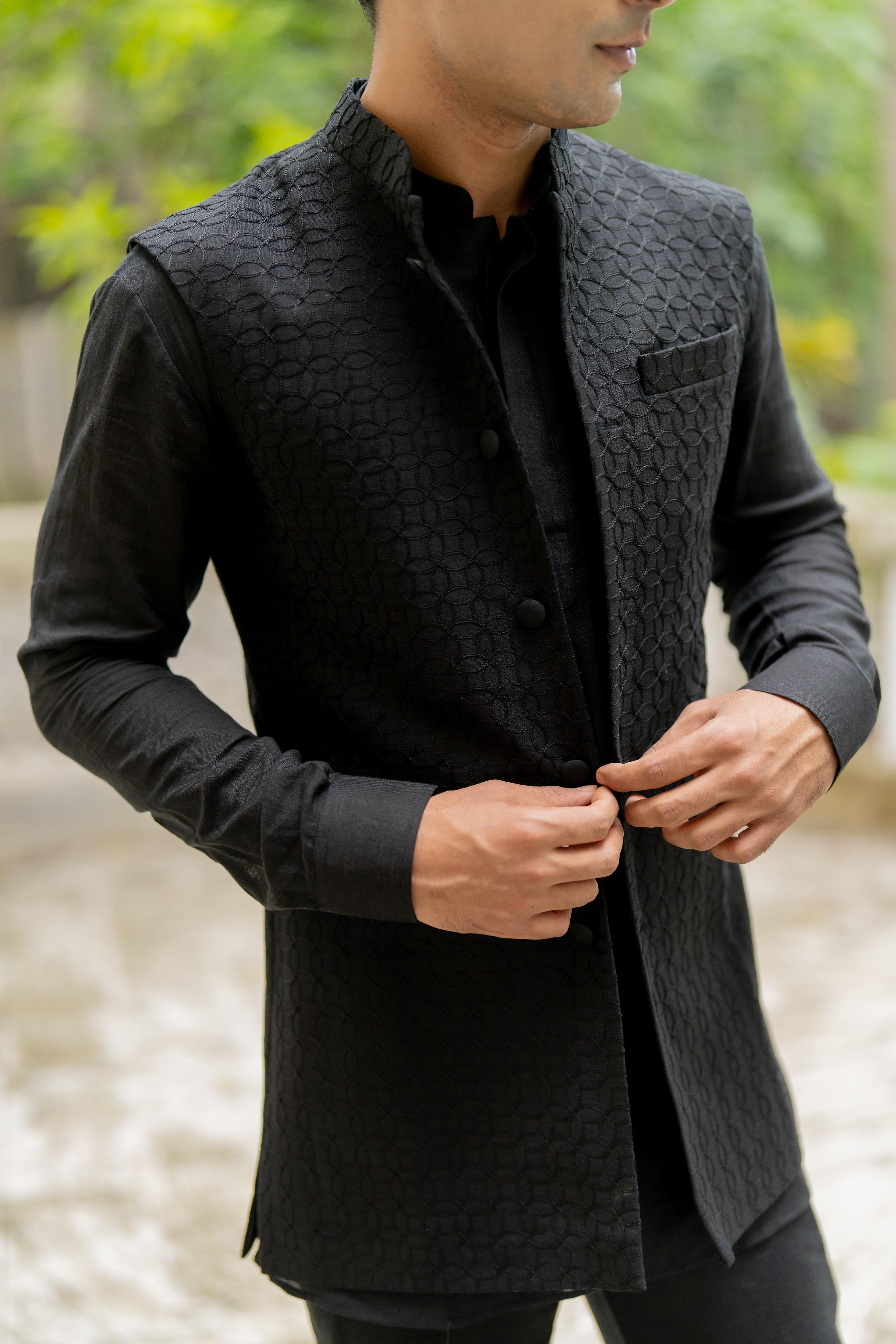 Black Linen Ensemble with Pashmina Stole