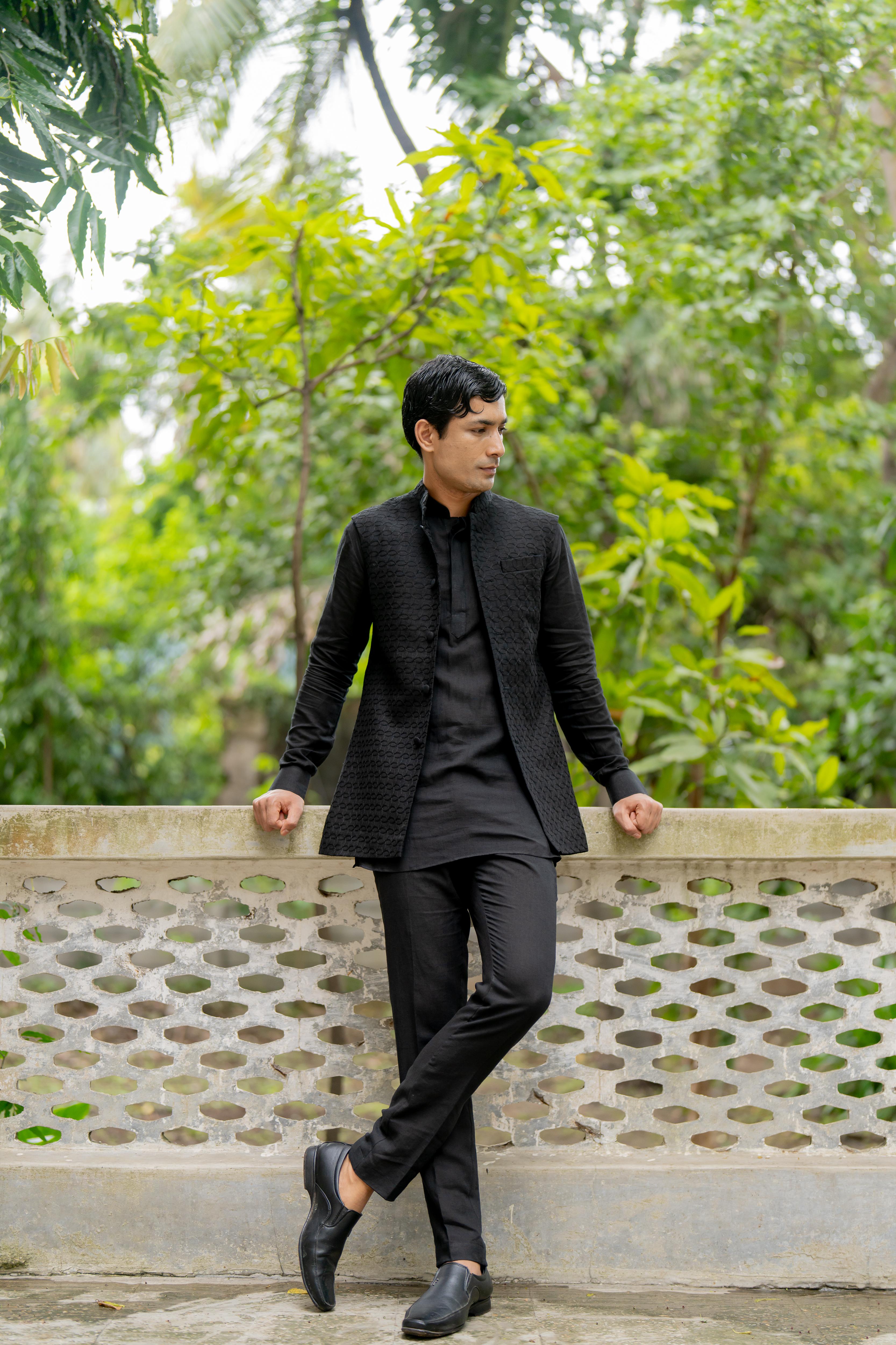 Black Linen Ensemble with Pashmina Stole