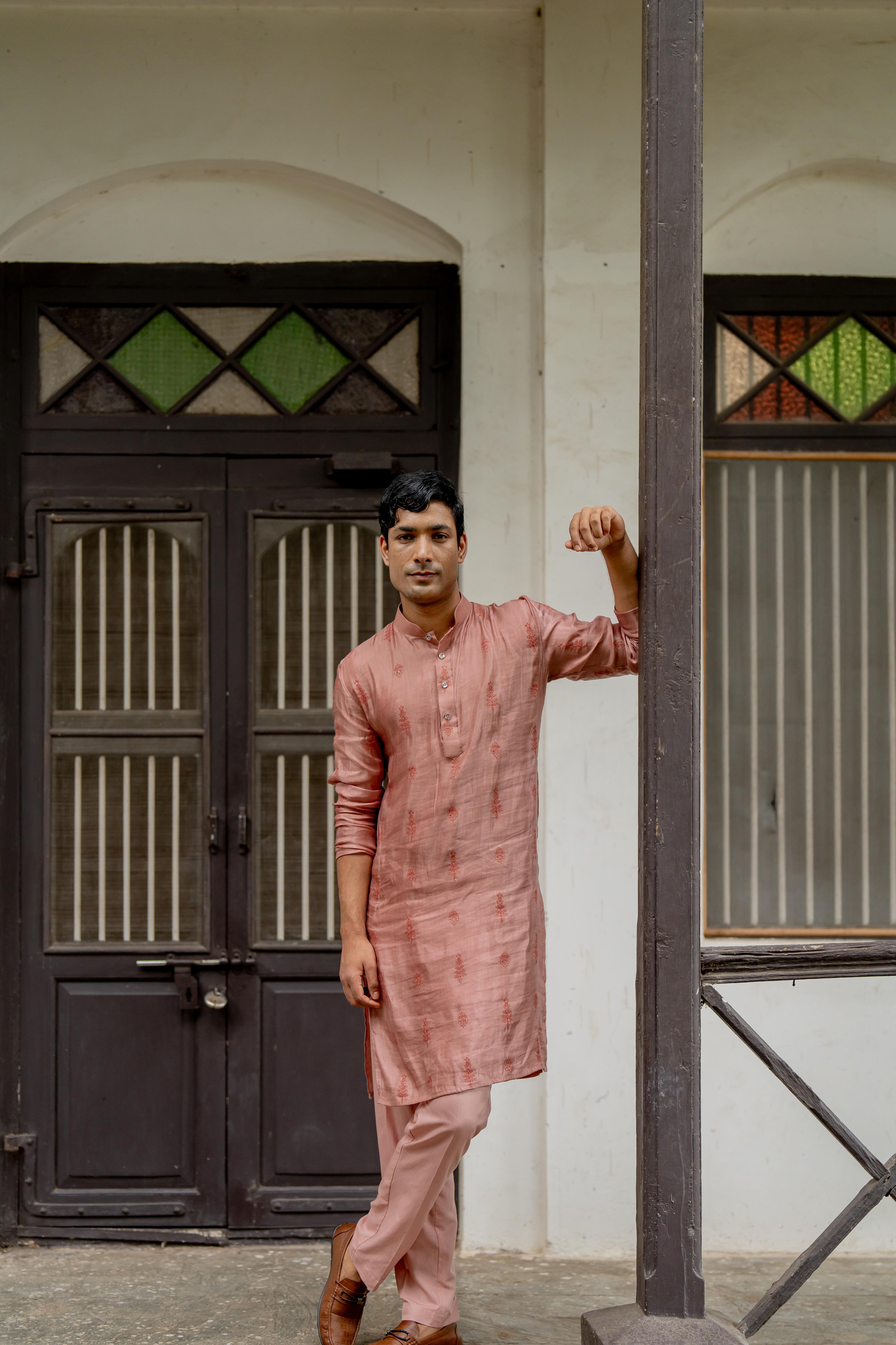 Dusty Pink Embroidered Kurta with Same Toned Dyed Pants