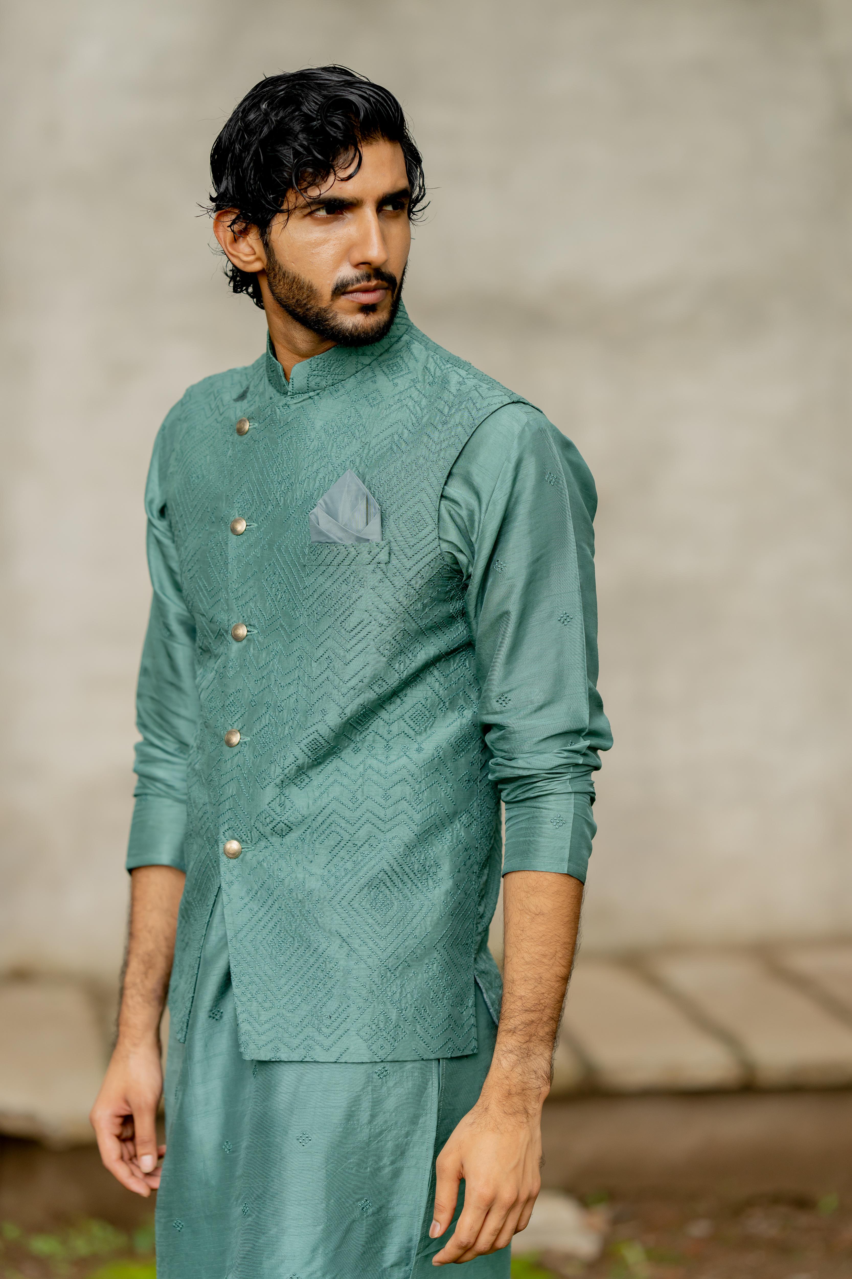 Teal Dyed Tusser Silk Ensemble