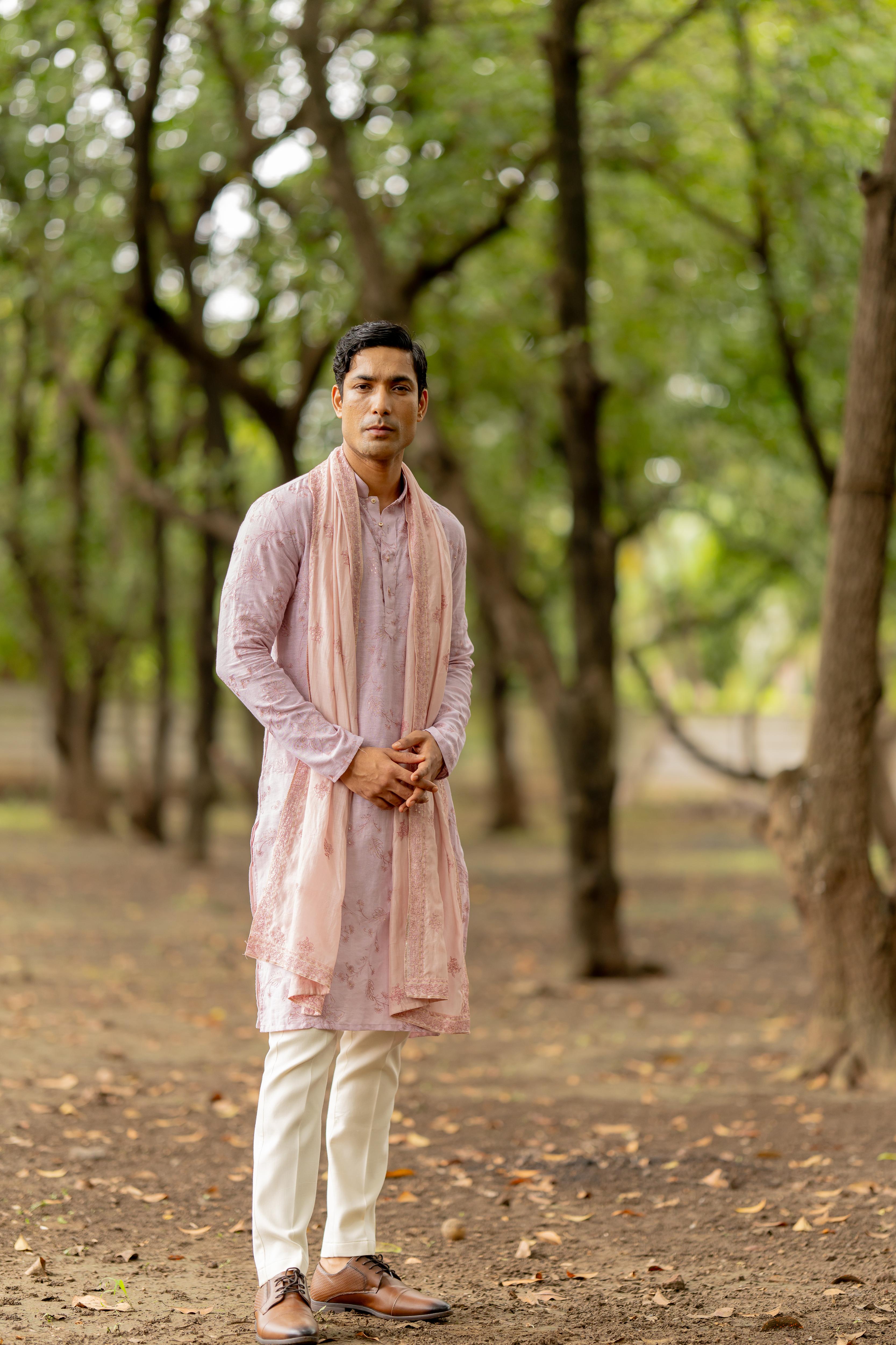 Light Mauve Embroidered Kurta, Stole with Off White Pants