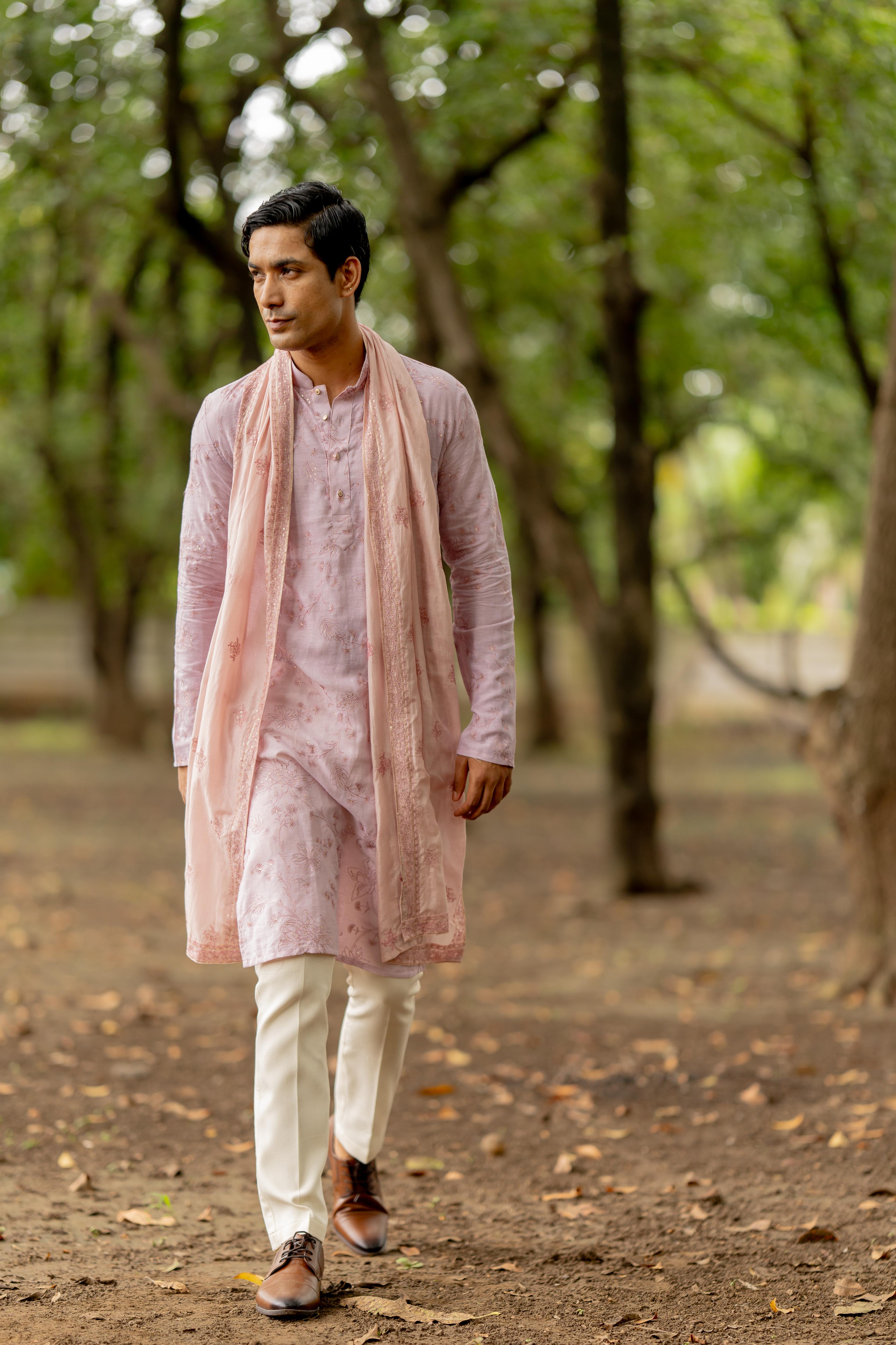 Light Mauve Embroidered Kurta, Stole with Off White Pants