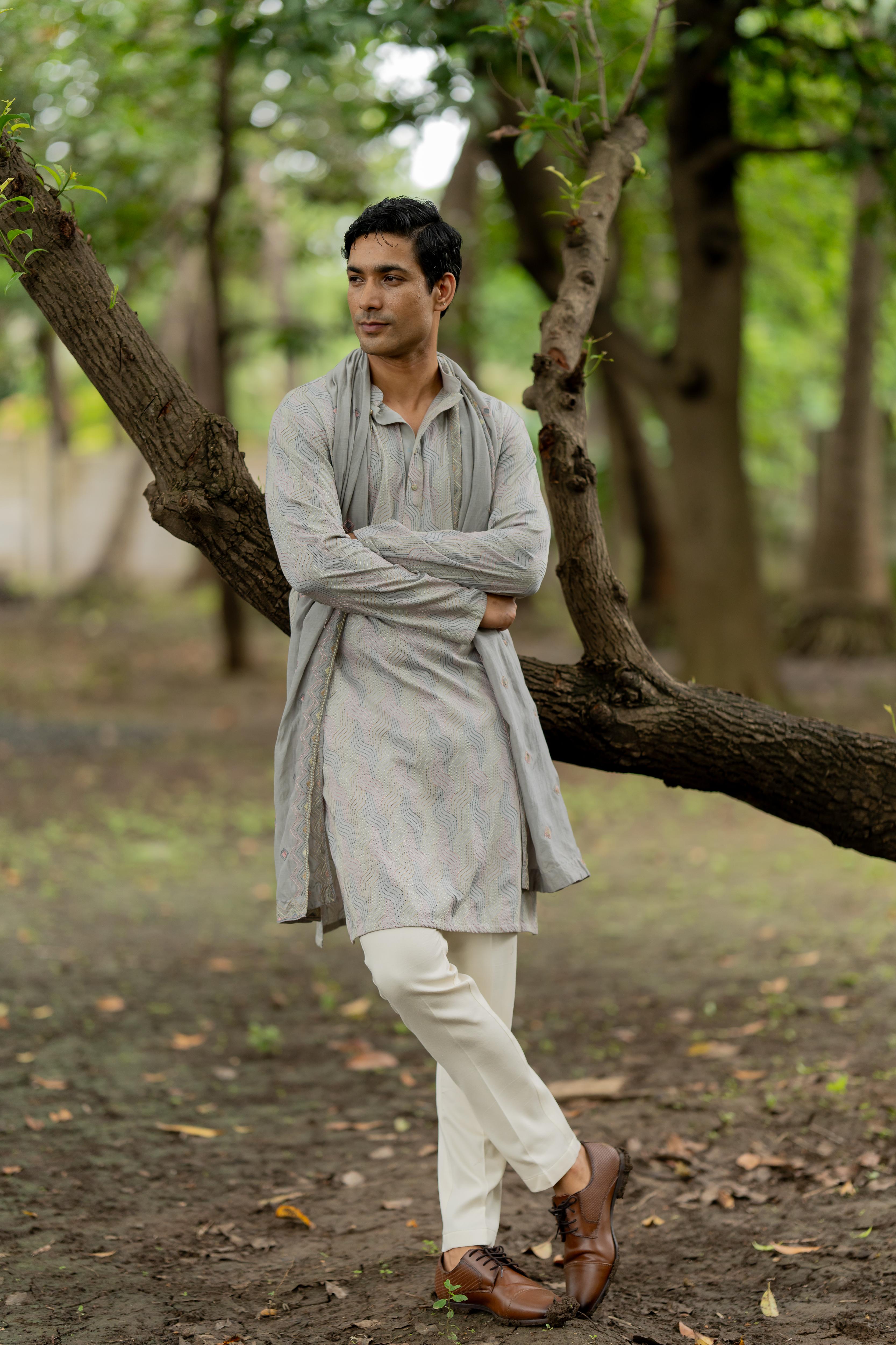 Grey Dyed Embroidered Kurta, Stole & Off White Pants