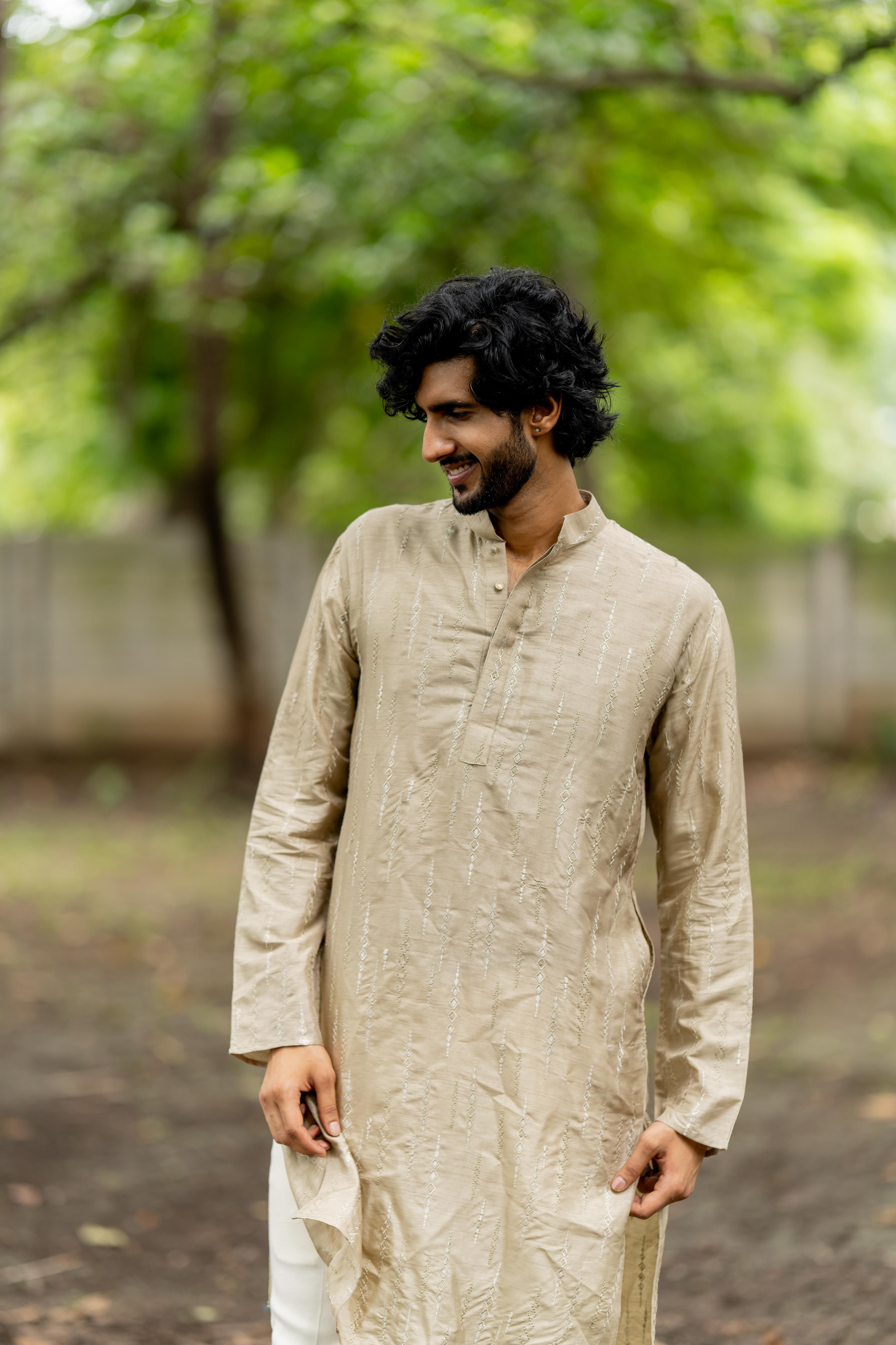 Sepia Dyed Embroidered Kurta with Off White Pants