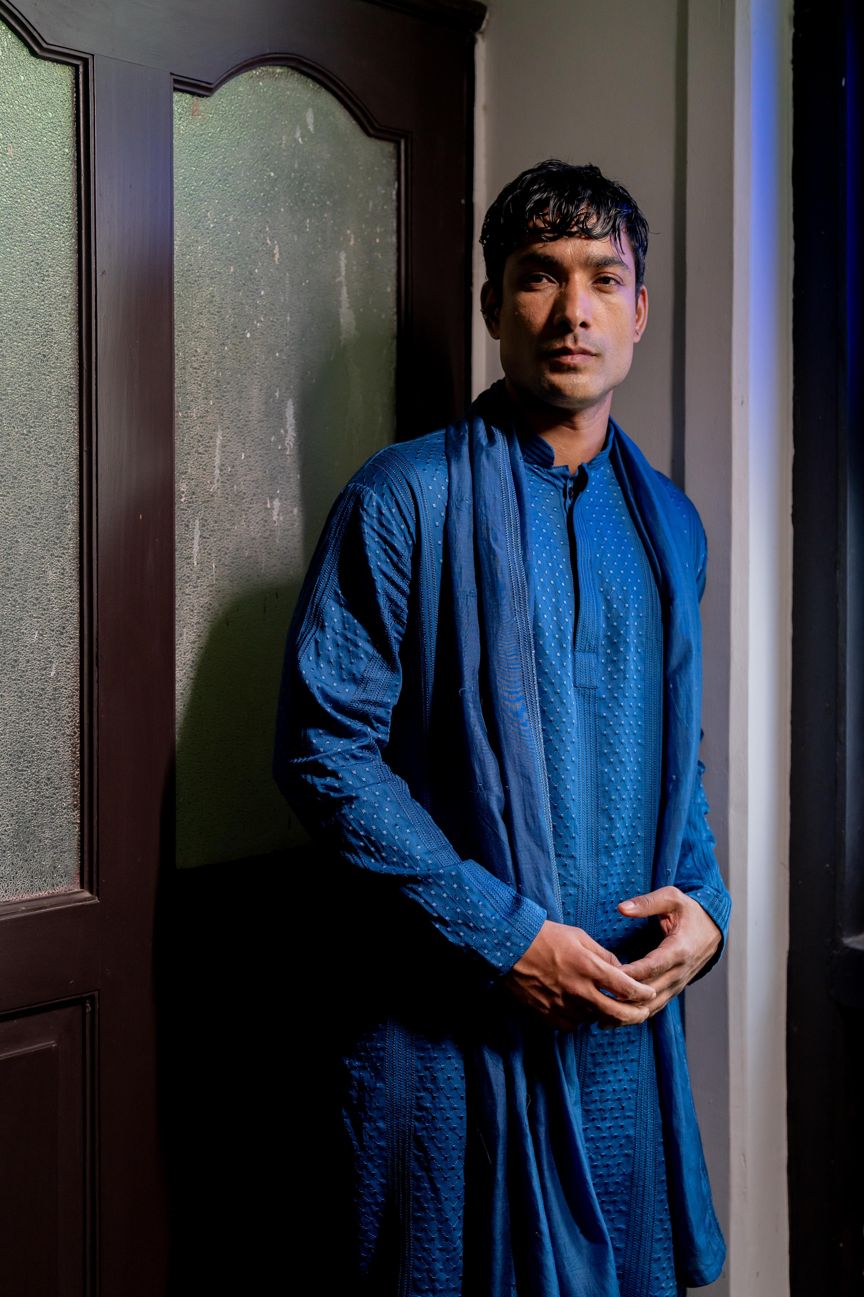 Dark Blue Dyed Embroidered Kurta, Stole & Self-Toned Dyed Pants