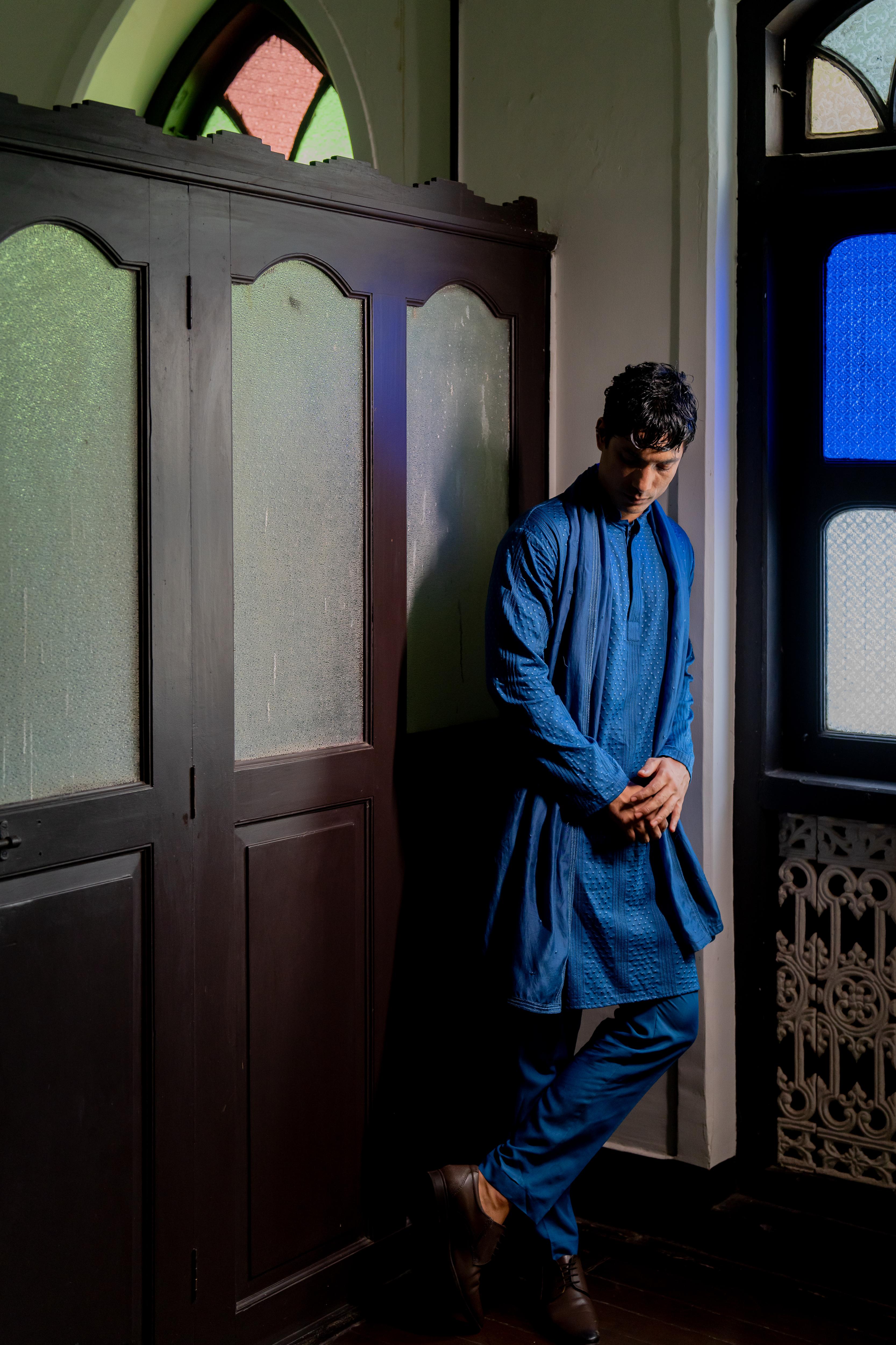 Dark Blue Dyed Embroidered Kurta, Stole & Self-Toned Dyed Pants