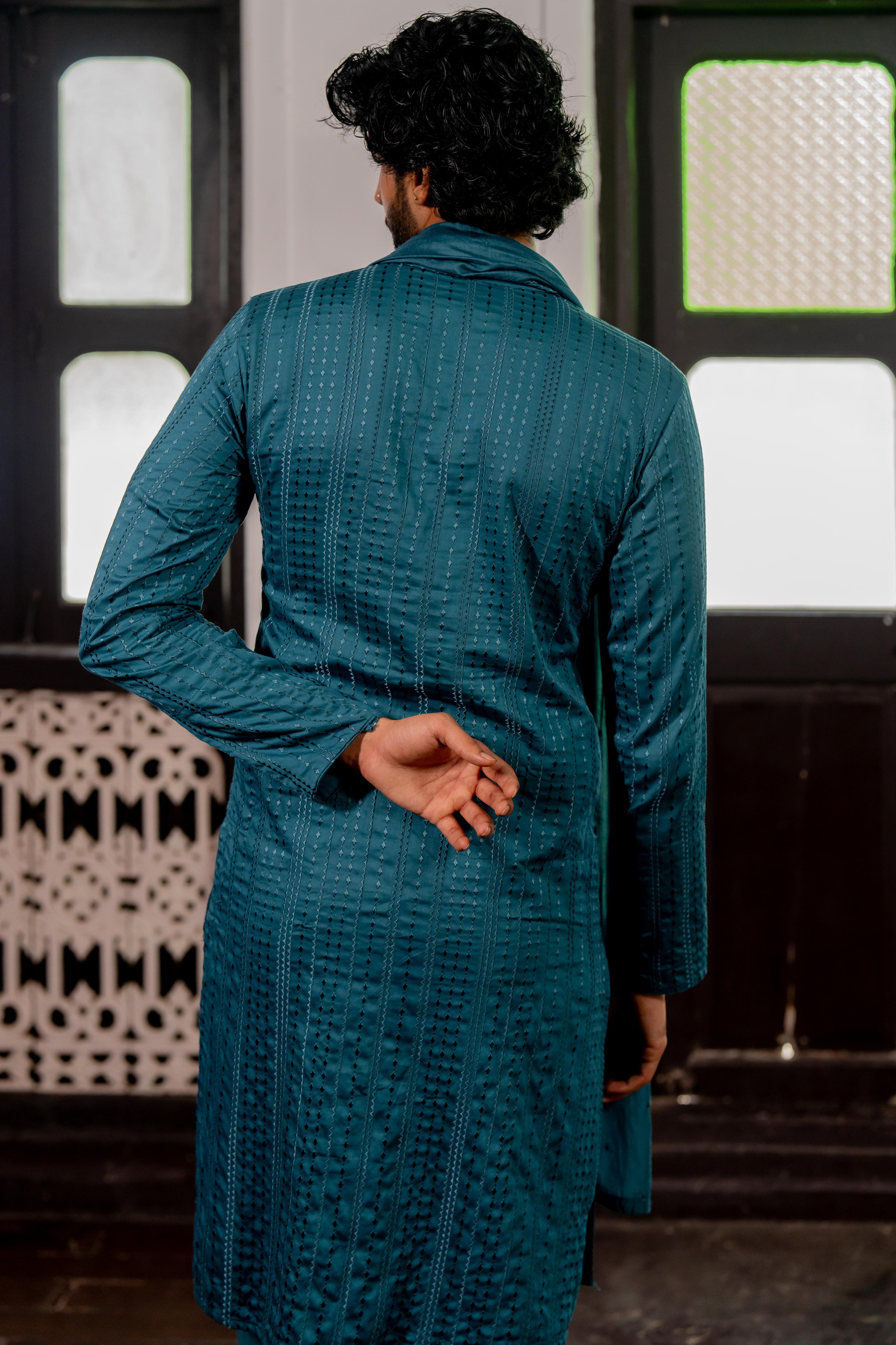 Teal Dyed Embroidered Kurta, Stole & Self-Toned Dyed Pants