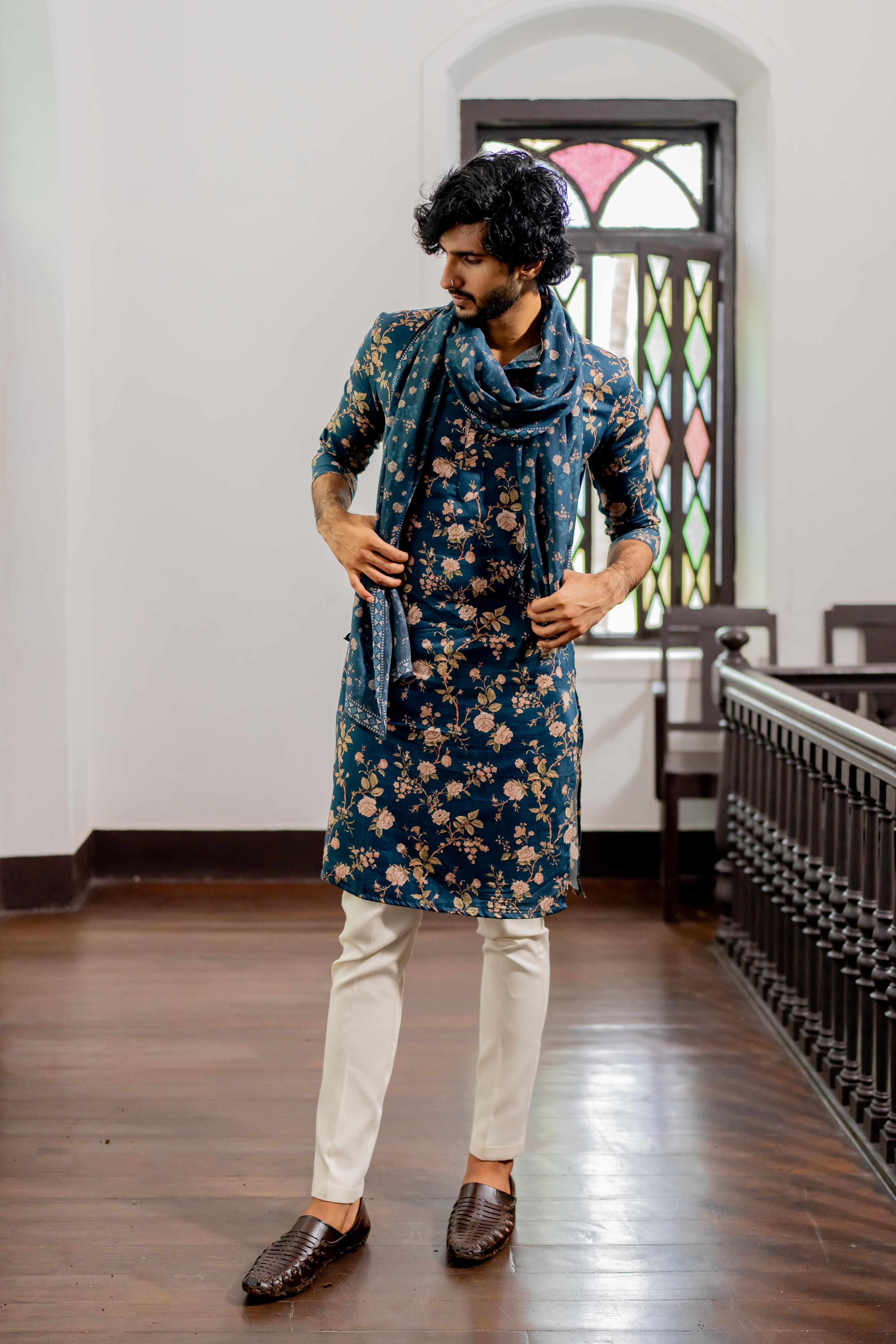 Navy Blue Digital Printed Kurta, Stole & Off White Dyed Pants