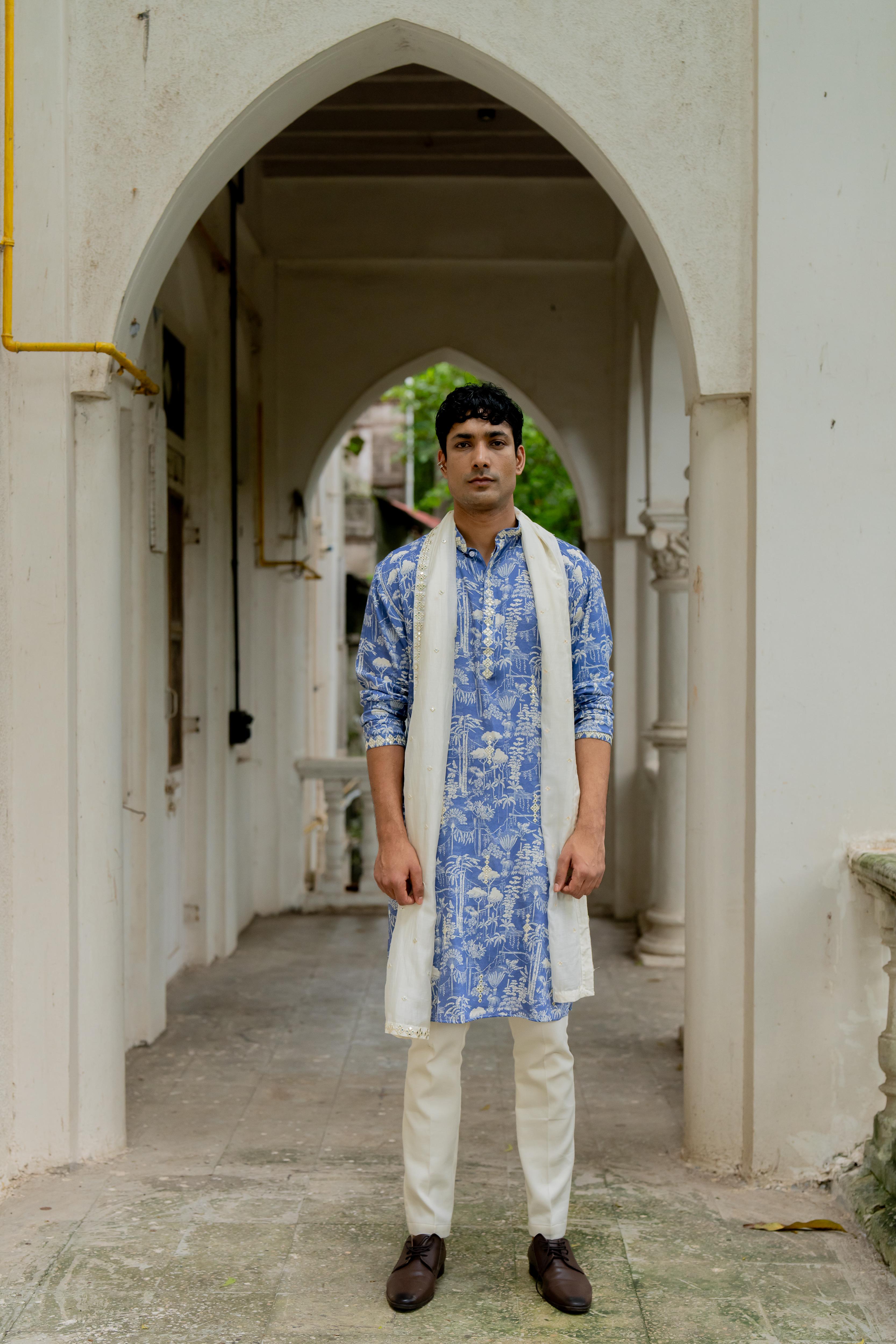 Blue & Off White Digital Printed Embroidered Kurta, Stole & Pants