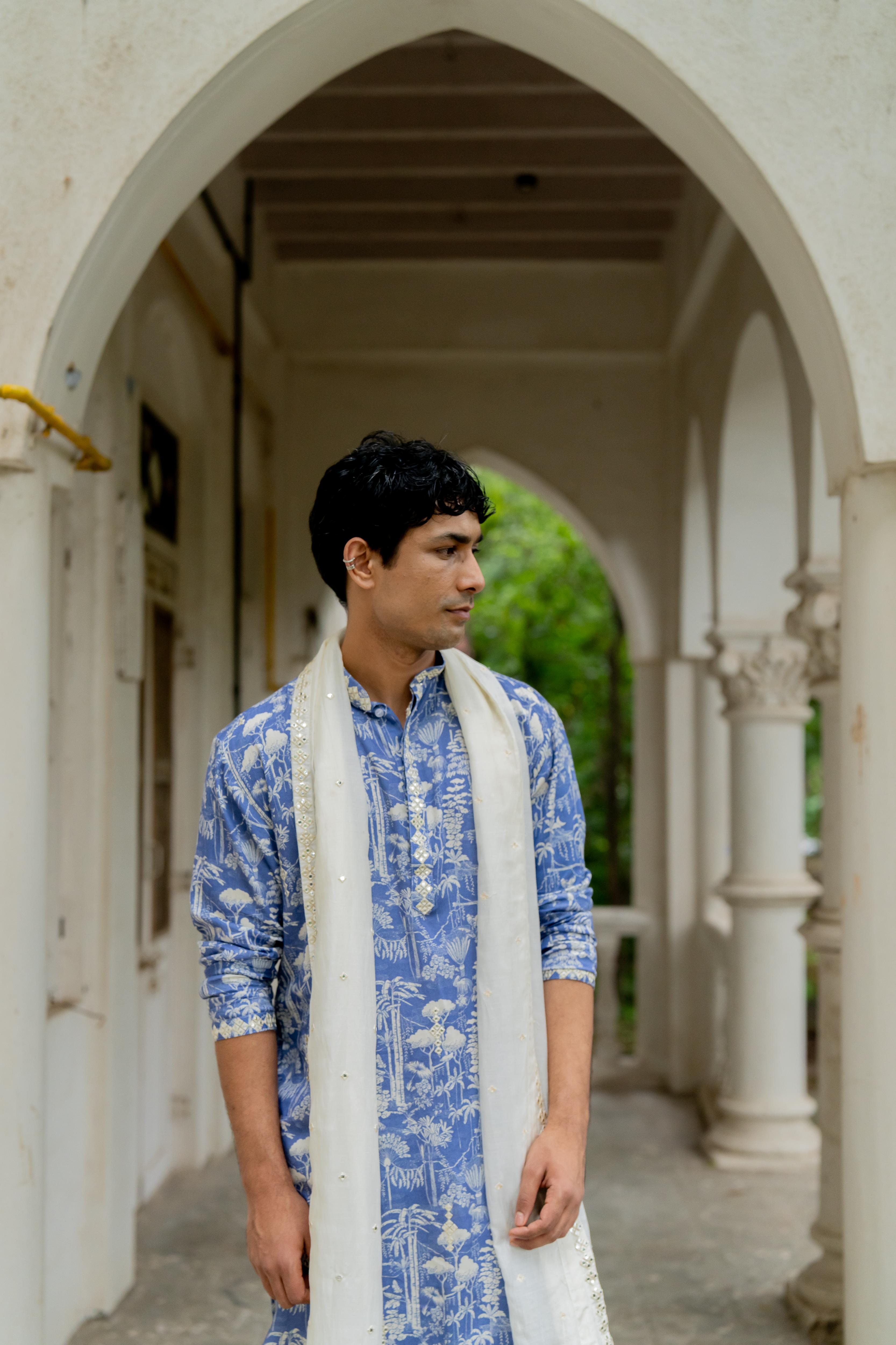 Blue & Off White Digital Printed Embroidered Kurta, Stole & Pants