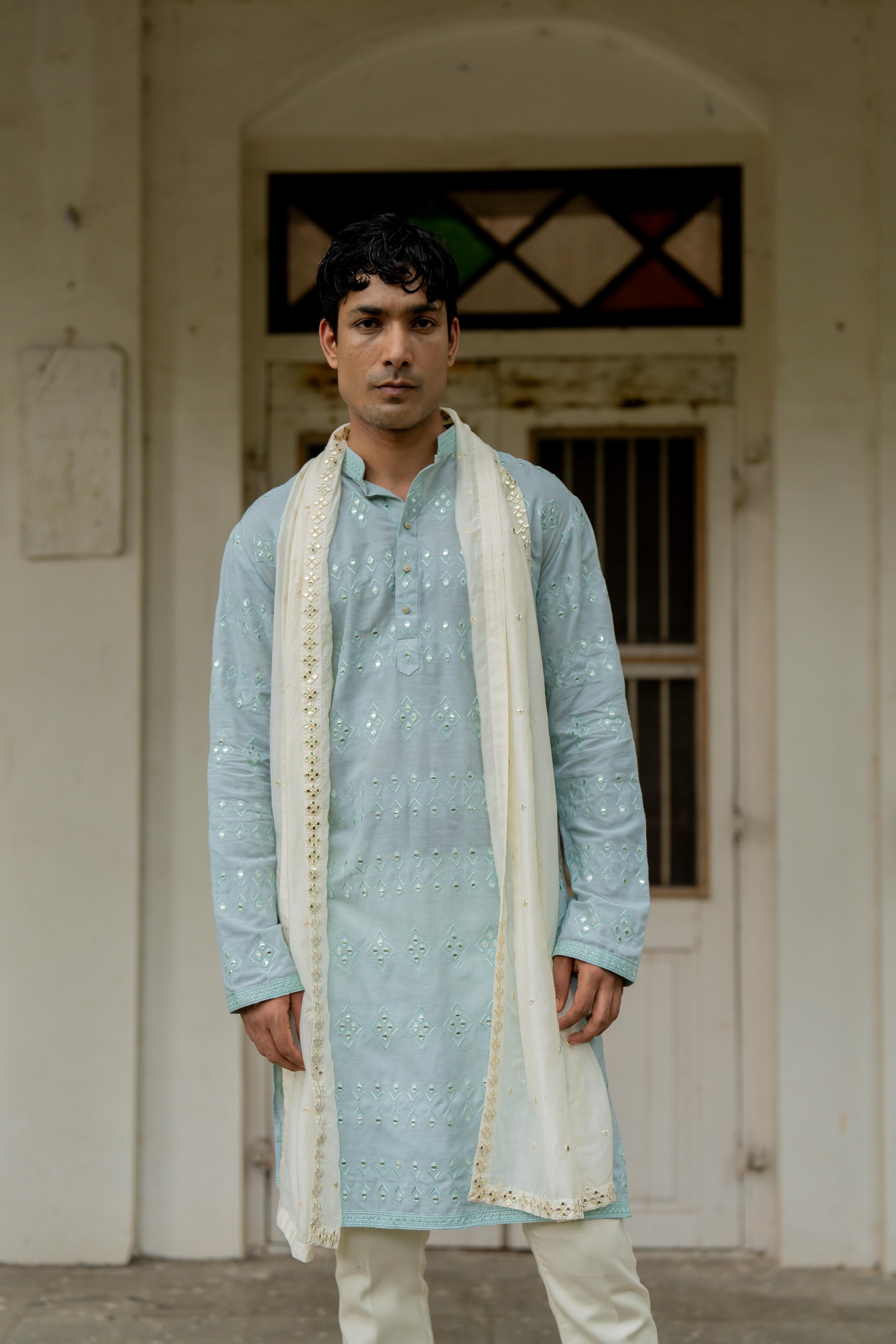 Sky Blue Dyed Embroidered Kurta, Stole with Off White Pants