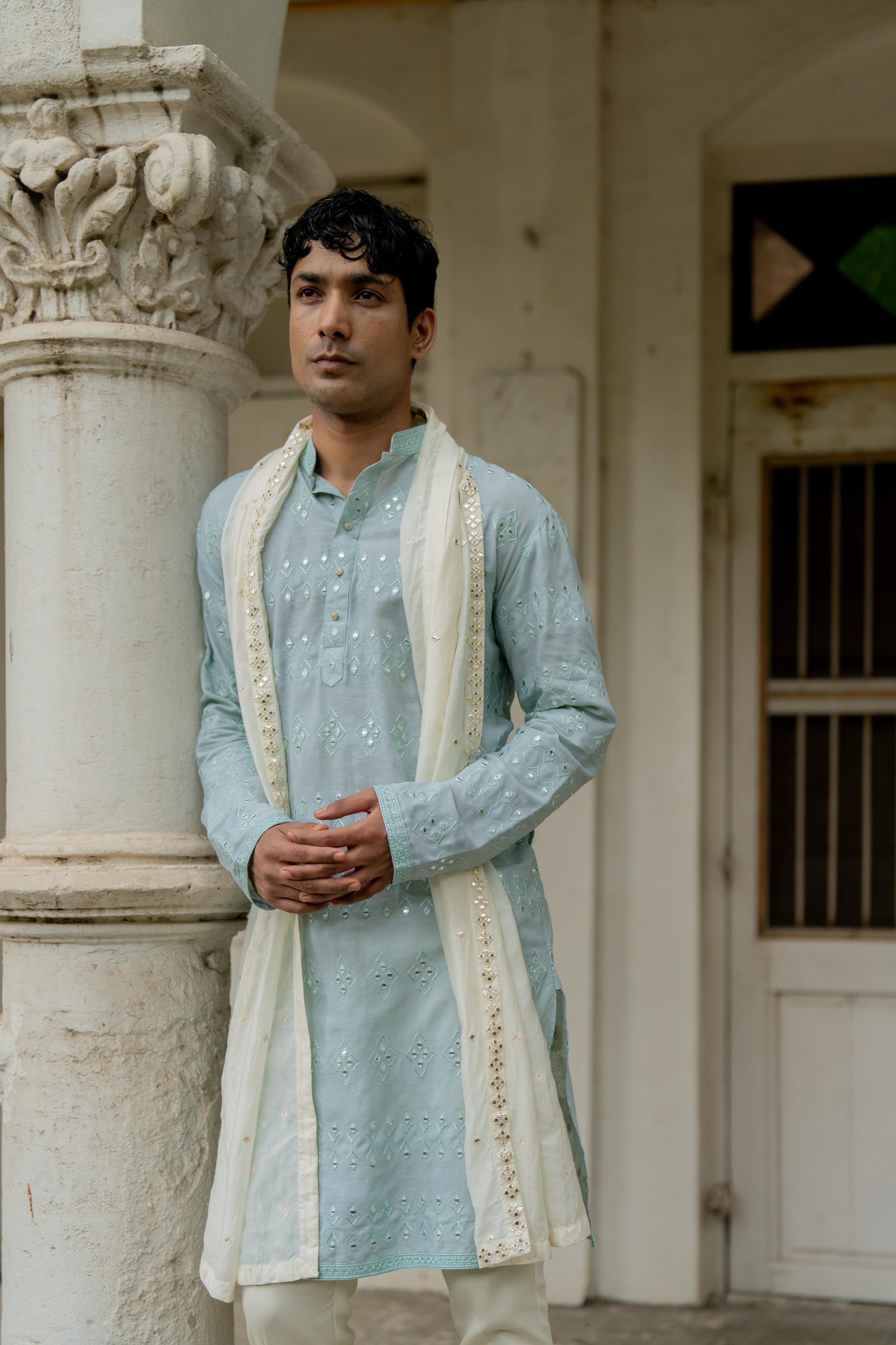 Sky Blue Dyed Embroidered Kurta, Stole with Off White Pants