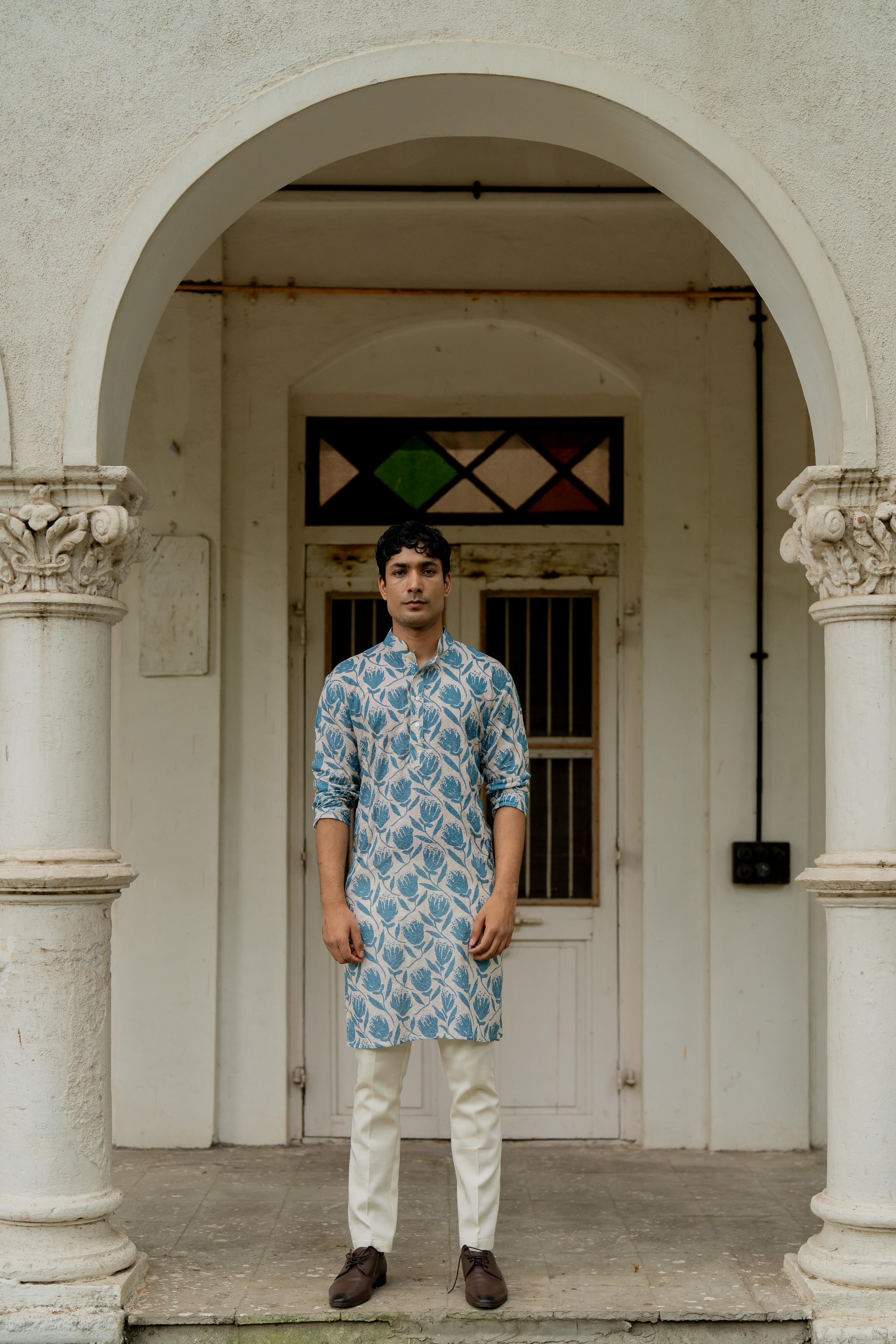 Off White & Blue Digital Printed Embroidered Kurta with Off White Pants