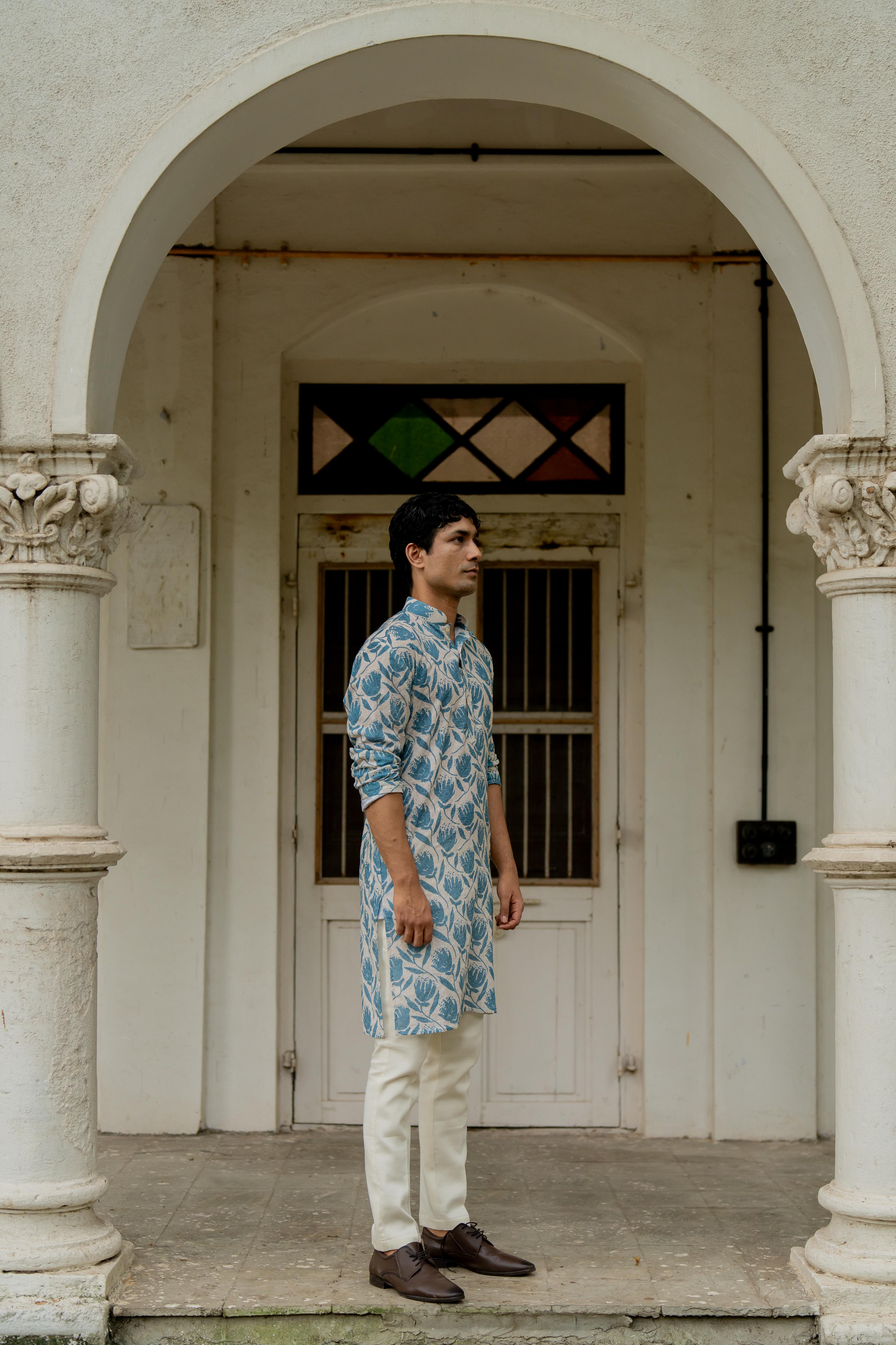 Off White & Blue Digital Printed Embroidered Kurta with Off White Pants