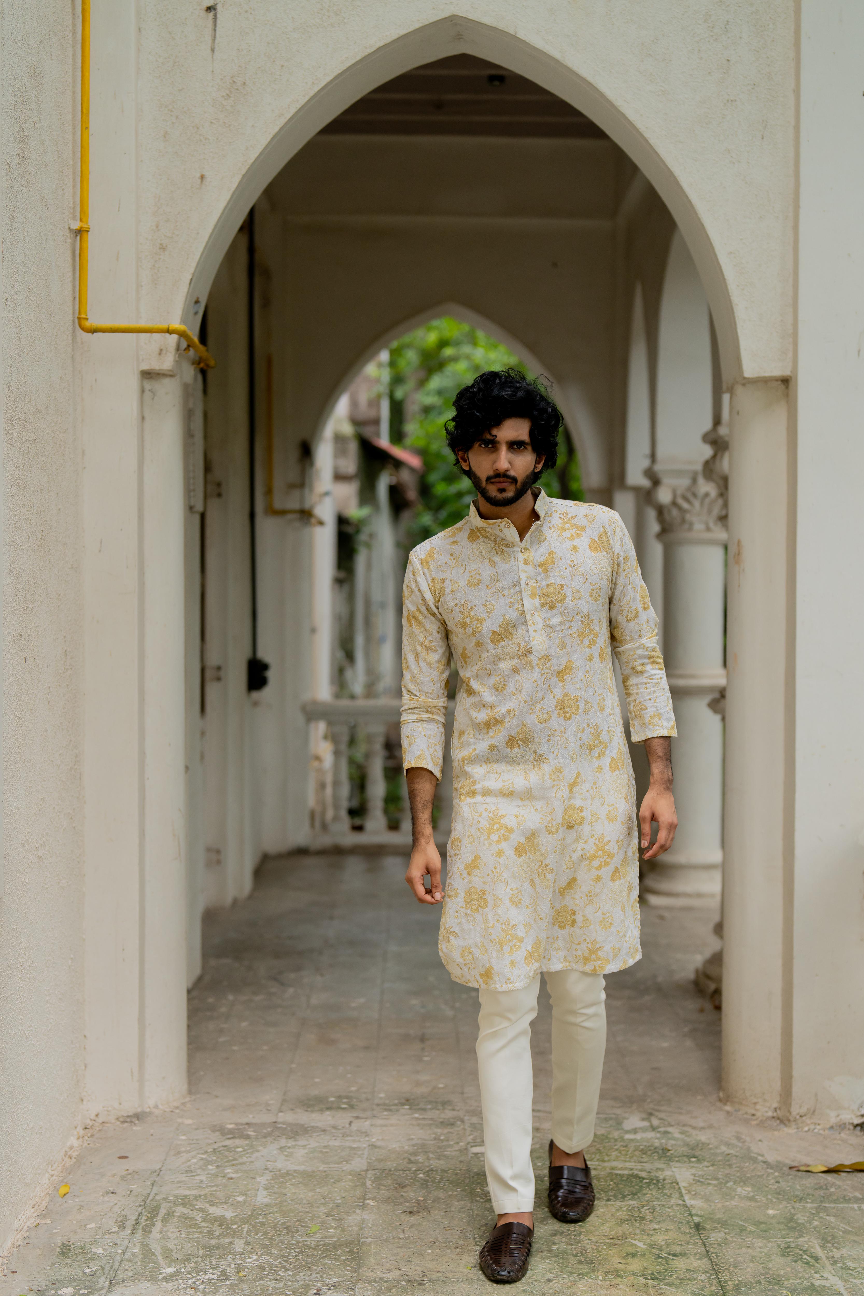 Off White & Yellow Digital Printed Embroidered Kurta with Off White Pants