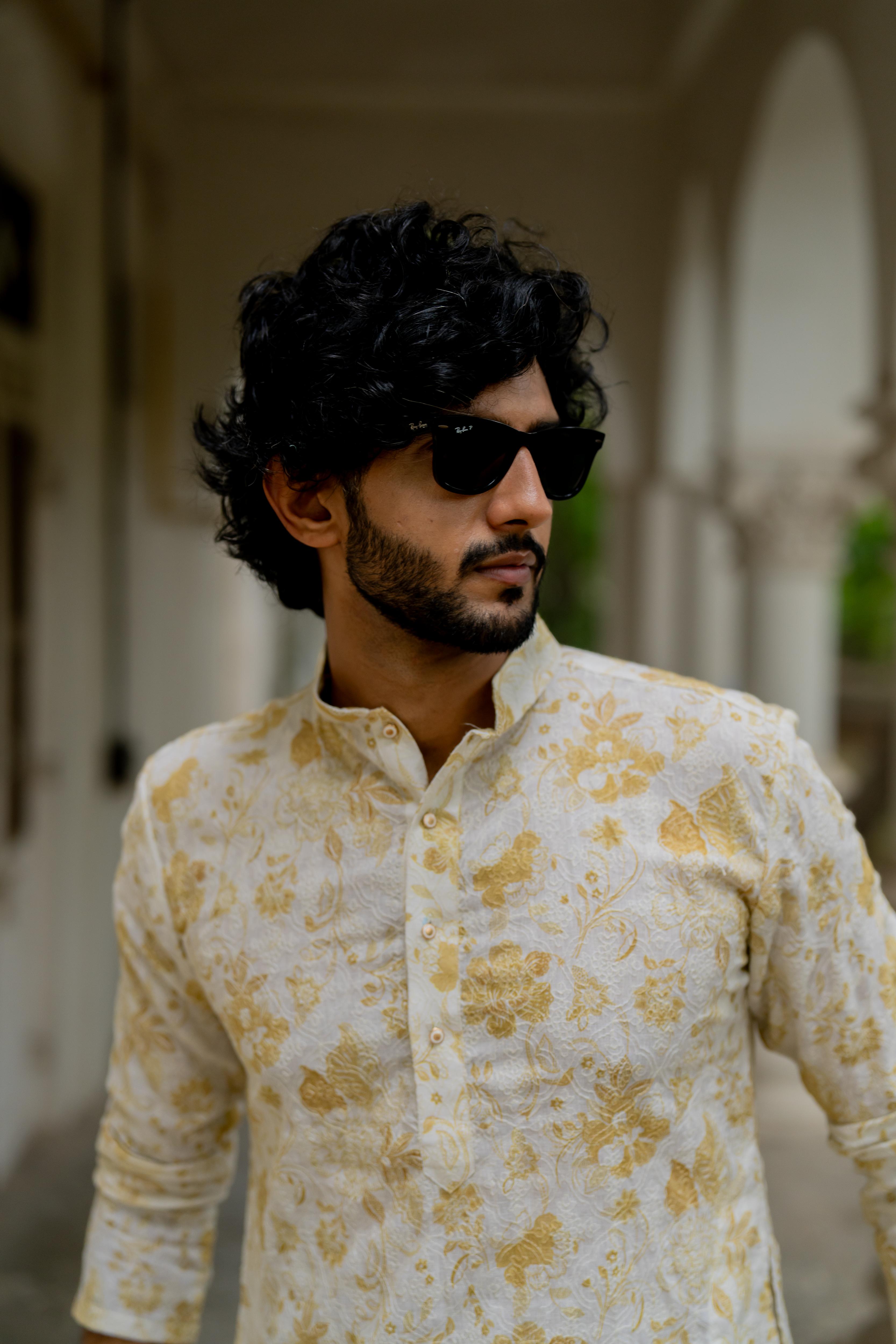 Off White & Yellow Digital Printed Embroidered Kurta with Off White Pants