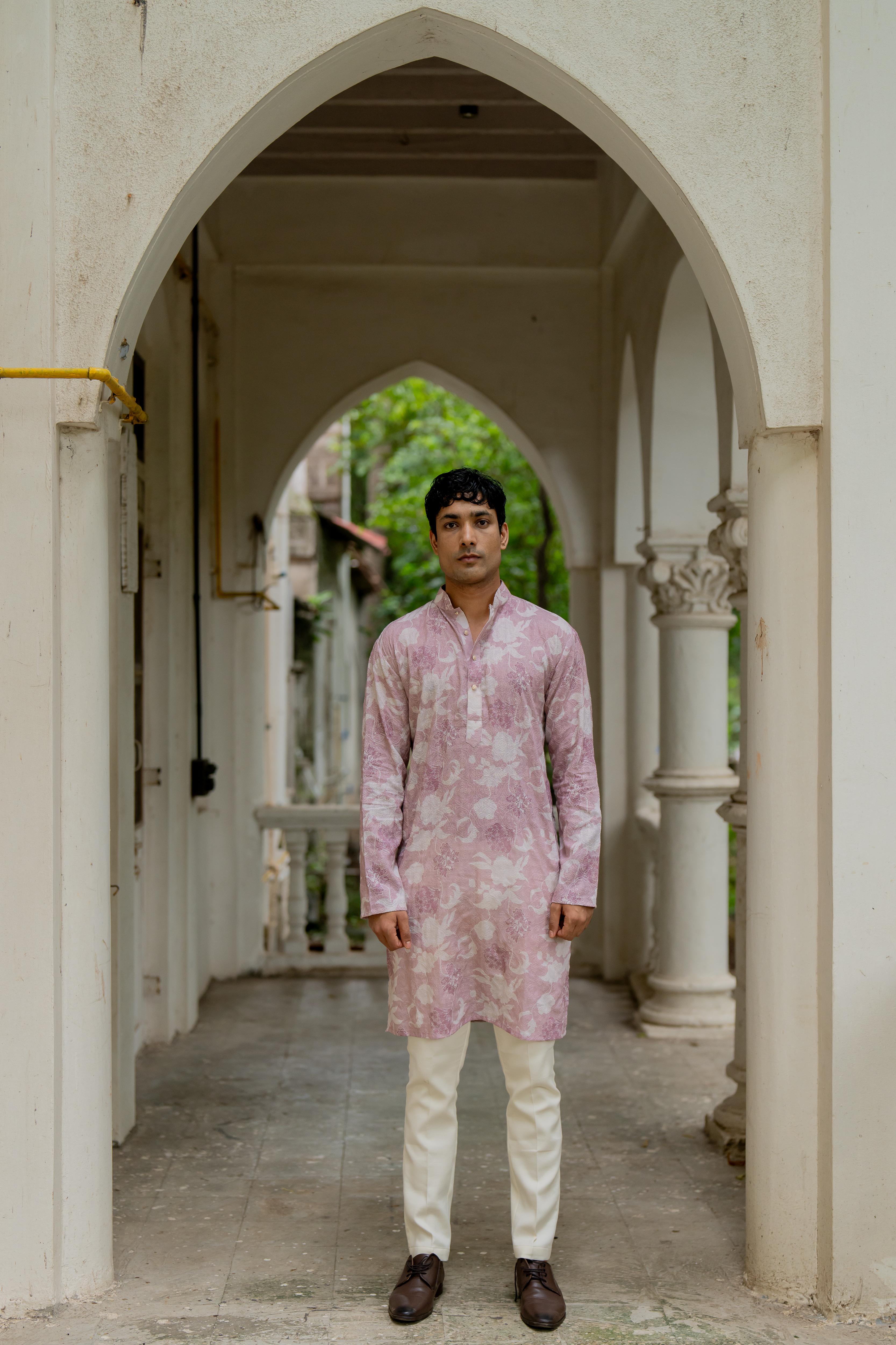 Lavender Digital Printed Embroidered Kurta with Off White Pants