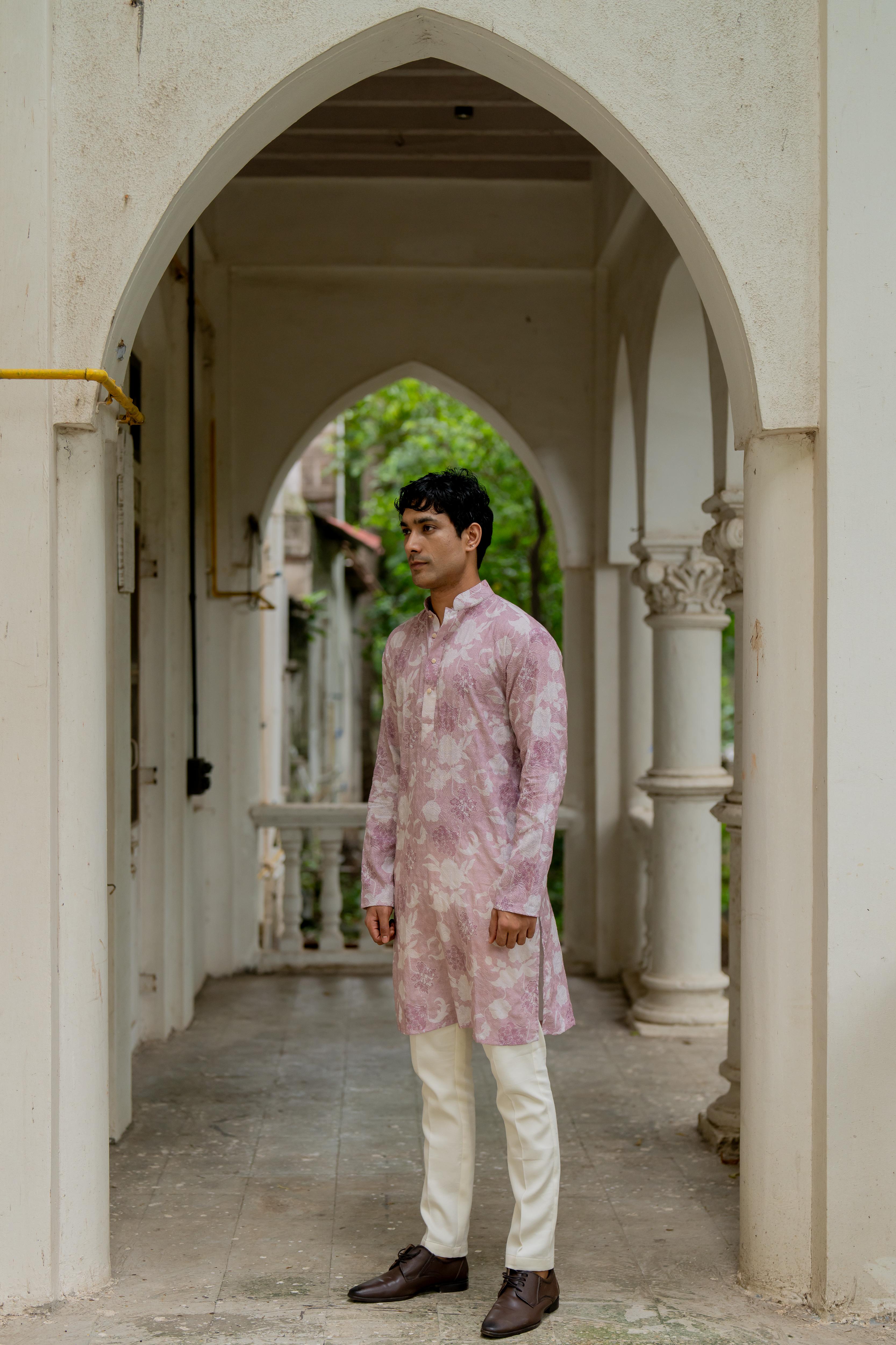 Lavender Digital Printed Embroidered Kurta with Off White Pants