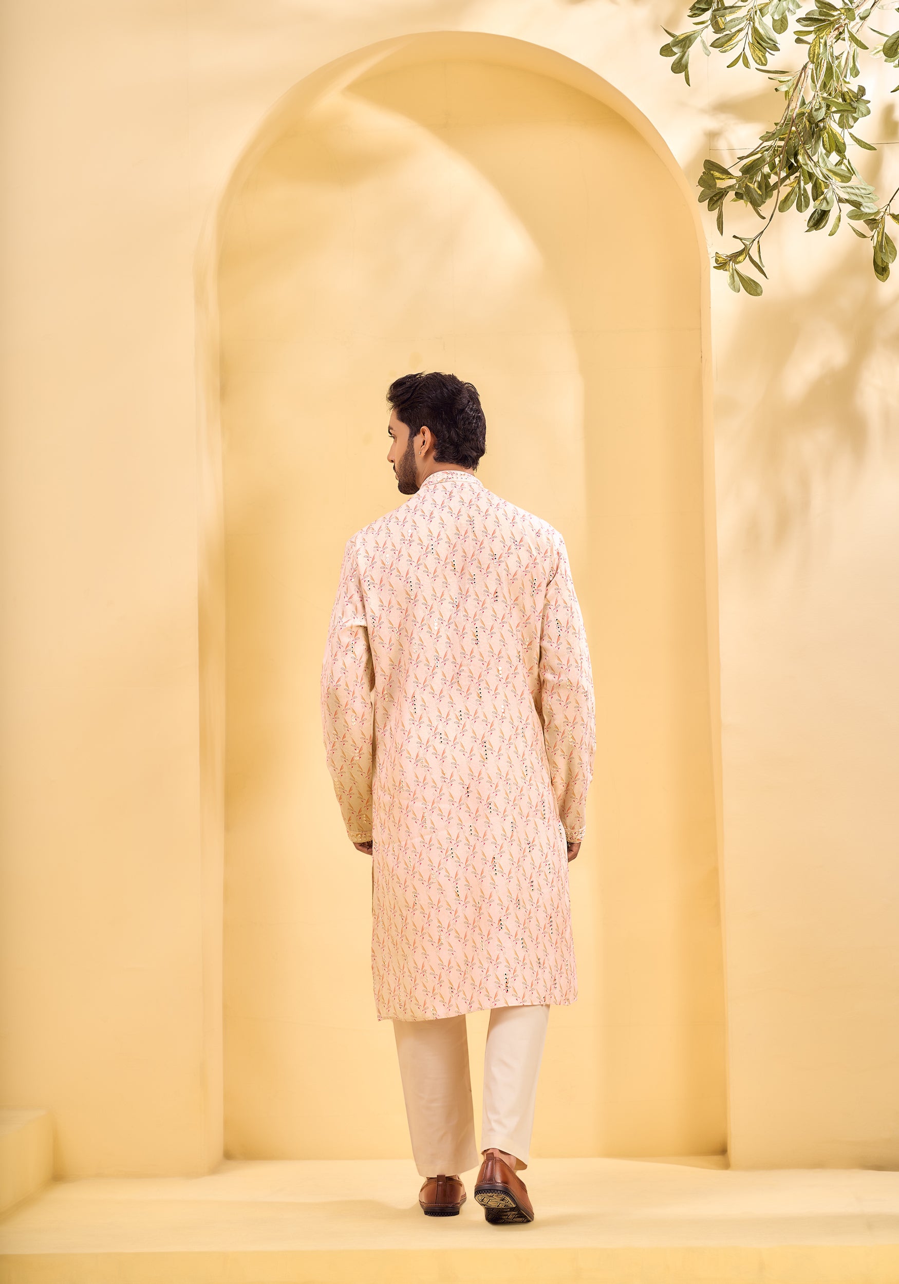 Baby Pink Mirror-Embroidered Printed Kurta,  Stole with Off-White Pant