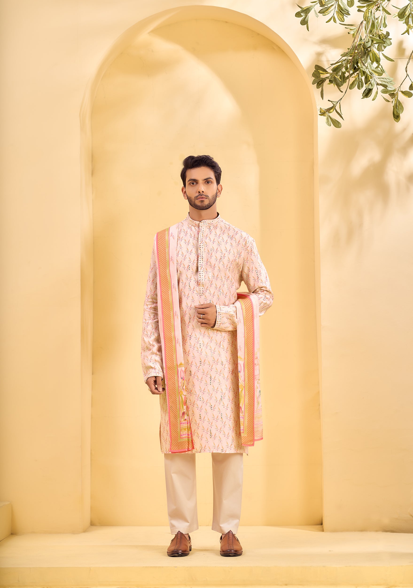 Baby Pink Mirror-Embroidered Printed Kurta,  Stole with Off-White Pant