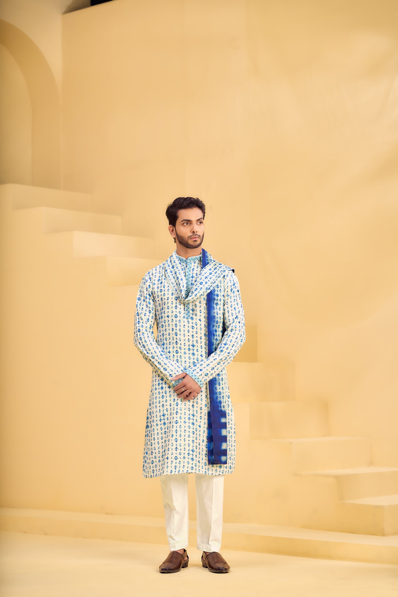 Cream and Indigo Blue Shibori-Printed Kurta, Stole with Off-White Pant