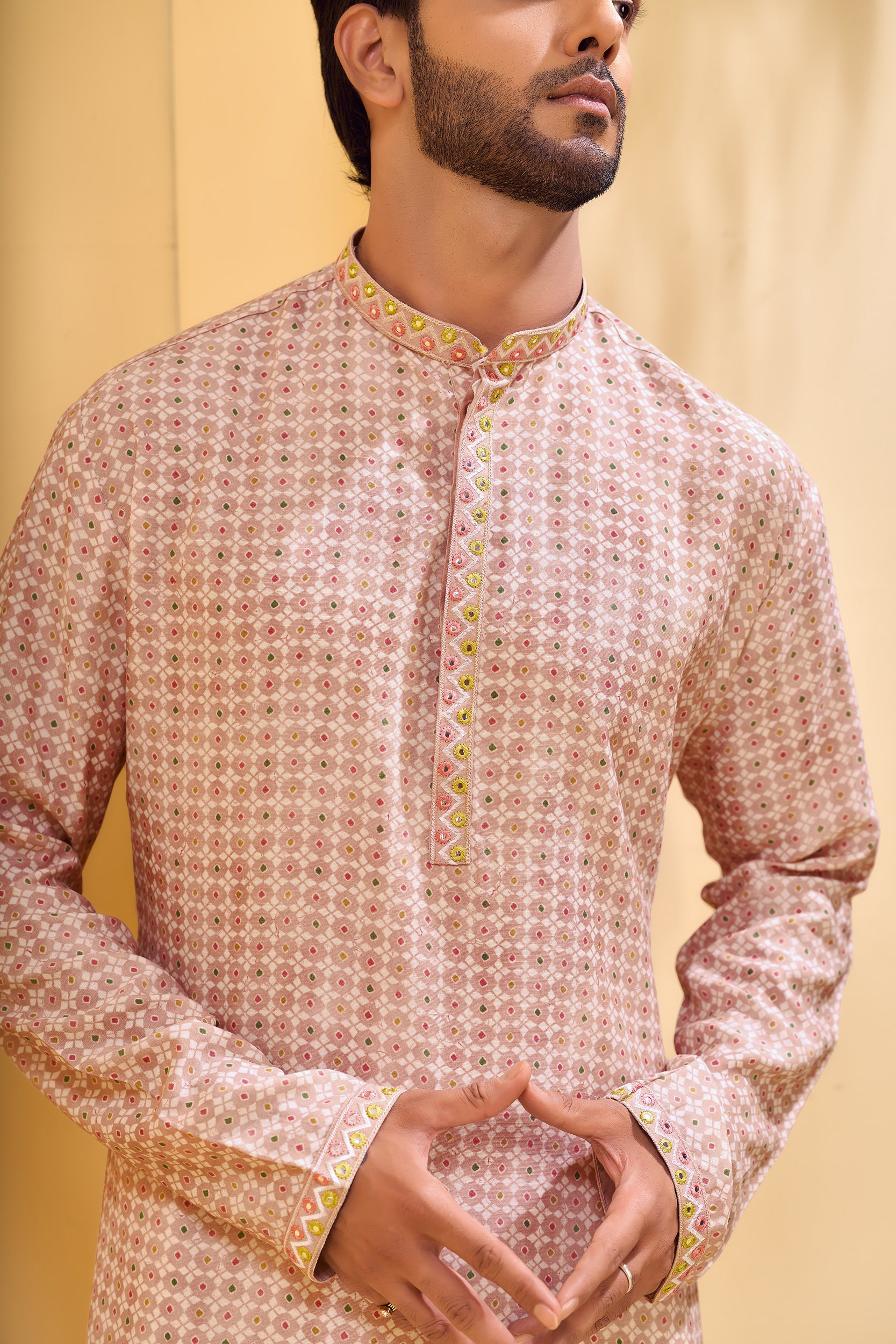 Dusty Rose Pink Multicolored Batik-Style Kurta, Stole with Off-White Pant