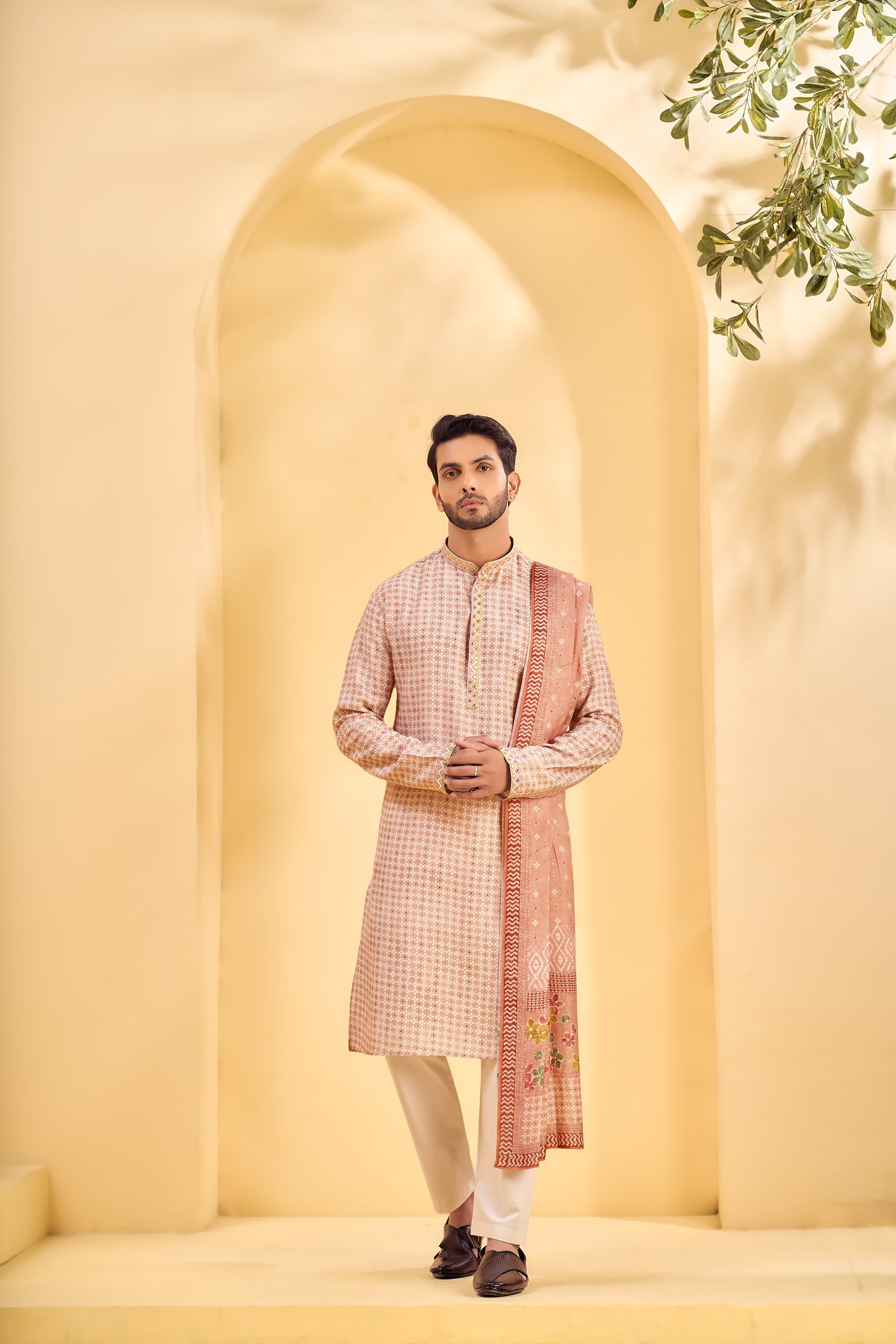 Dusty Rose Pink Multicolored Batik-Style Kurta, Stole with Off-White Pant