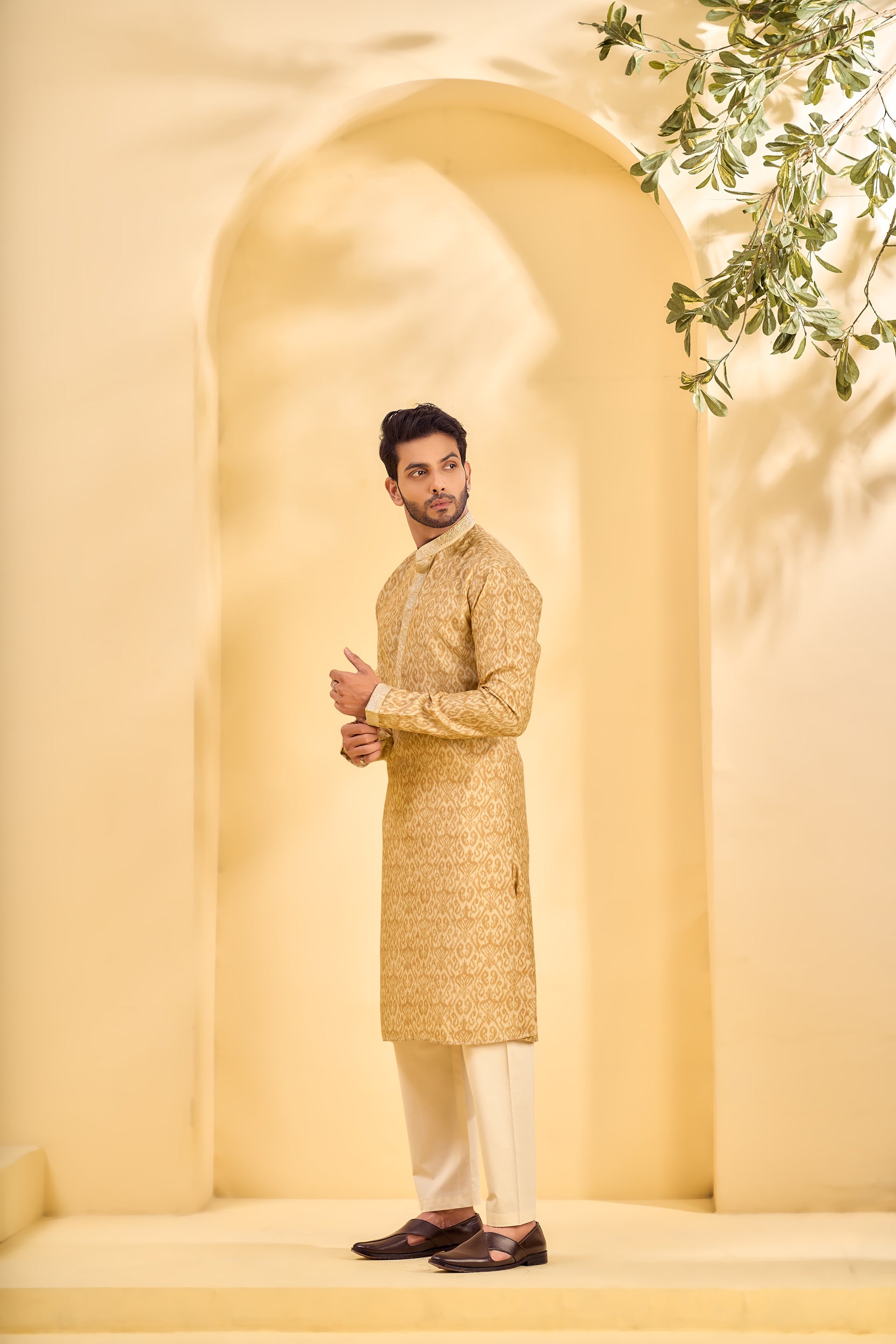 Beige Ikat-Patterned Kurta, Stole with Off-White Pant