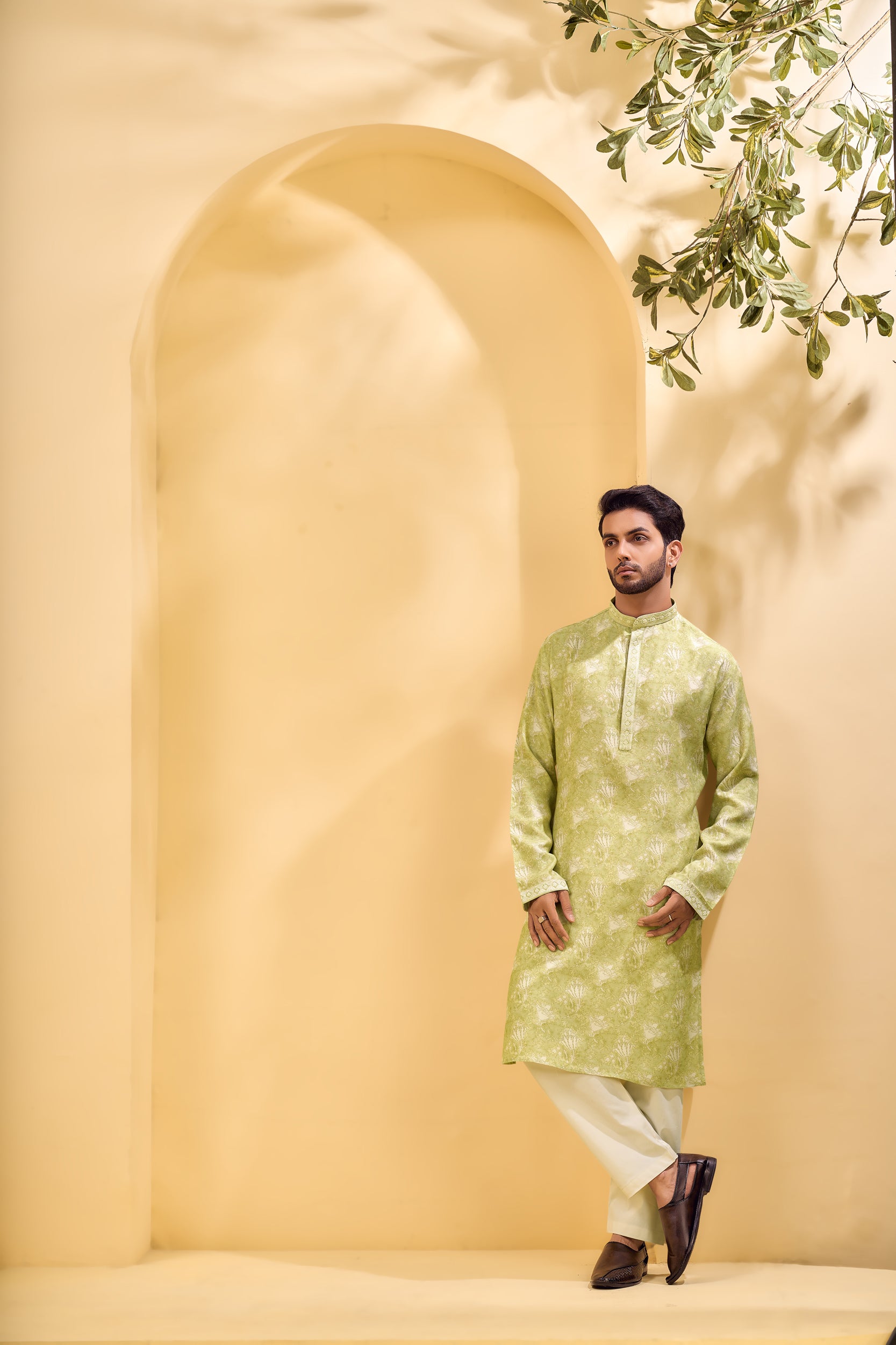 Lime Green Floral-Patterned Kurta, Stole with Off-White Pant