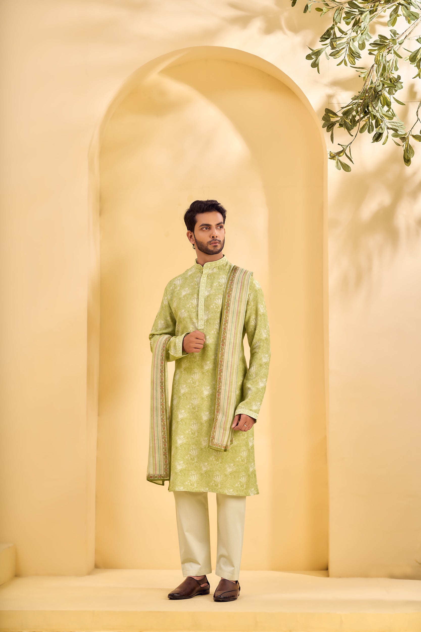 Lime Green Floral-Patterned Kurta, Stole with Off-White Pant