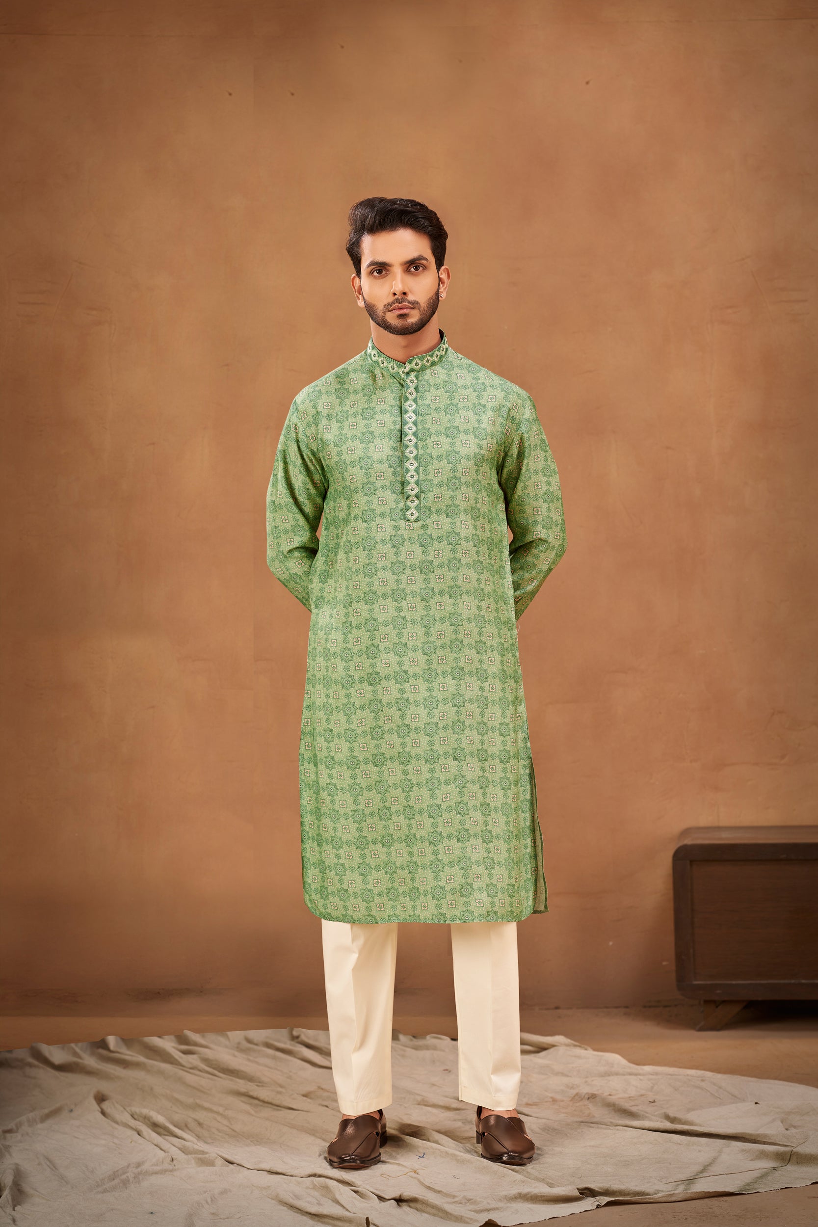 Sage Green Geometric-Patterned Kurta, Stole with Off-White Pant
