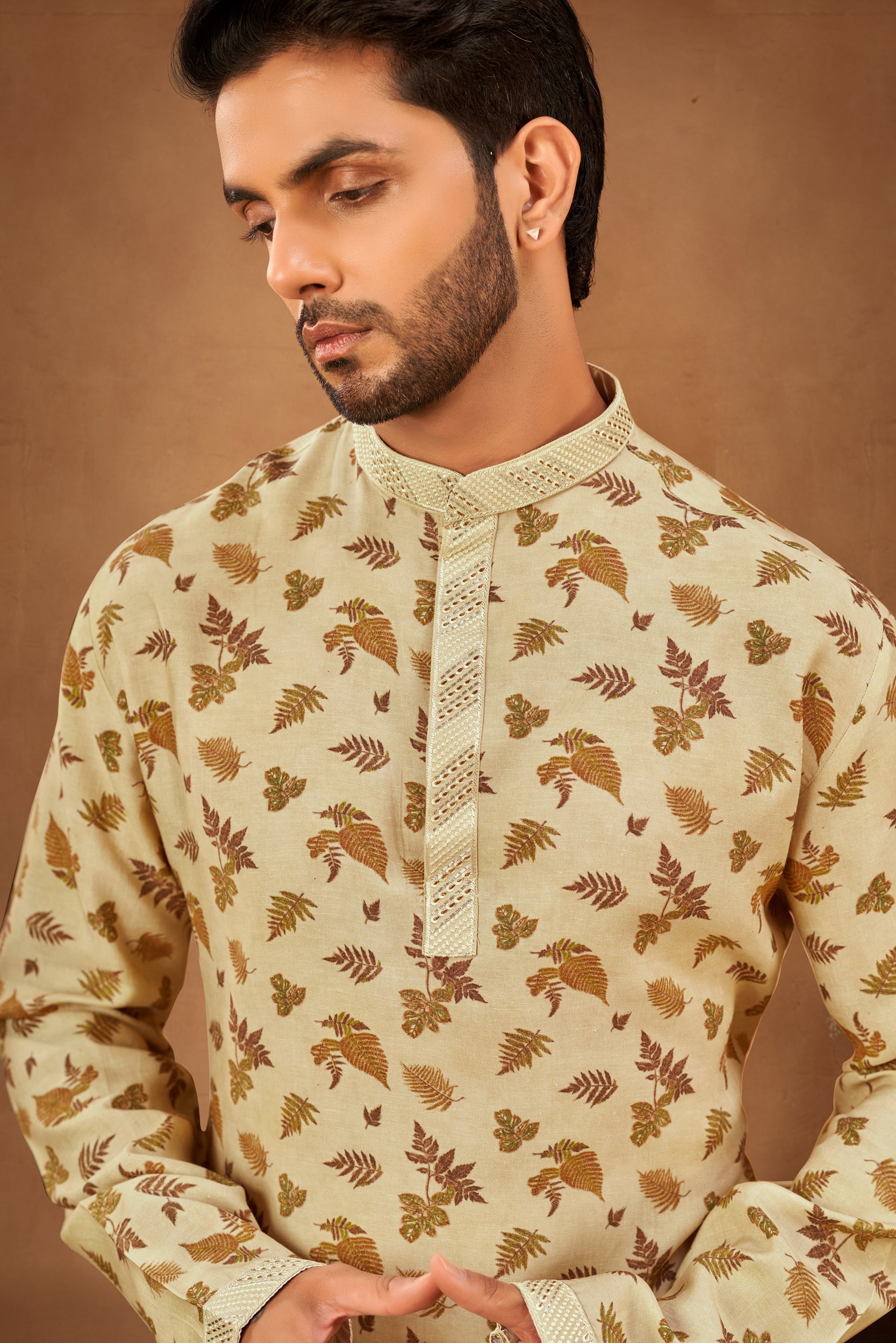 Beige Kurta with Fern Leaf Pattern, Stole with Off-White Pant