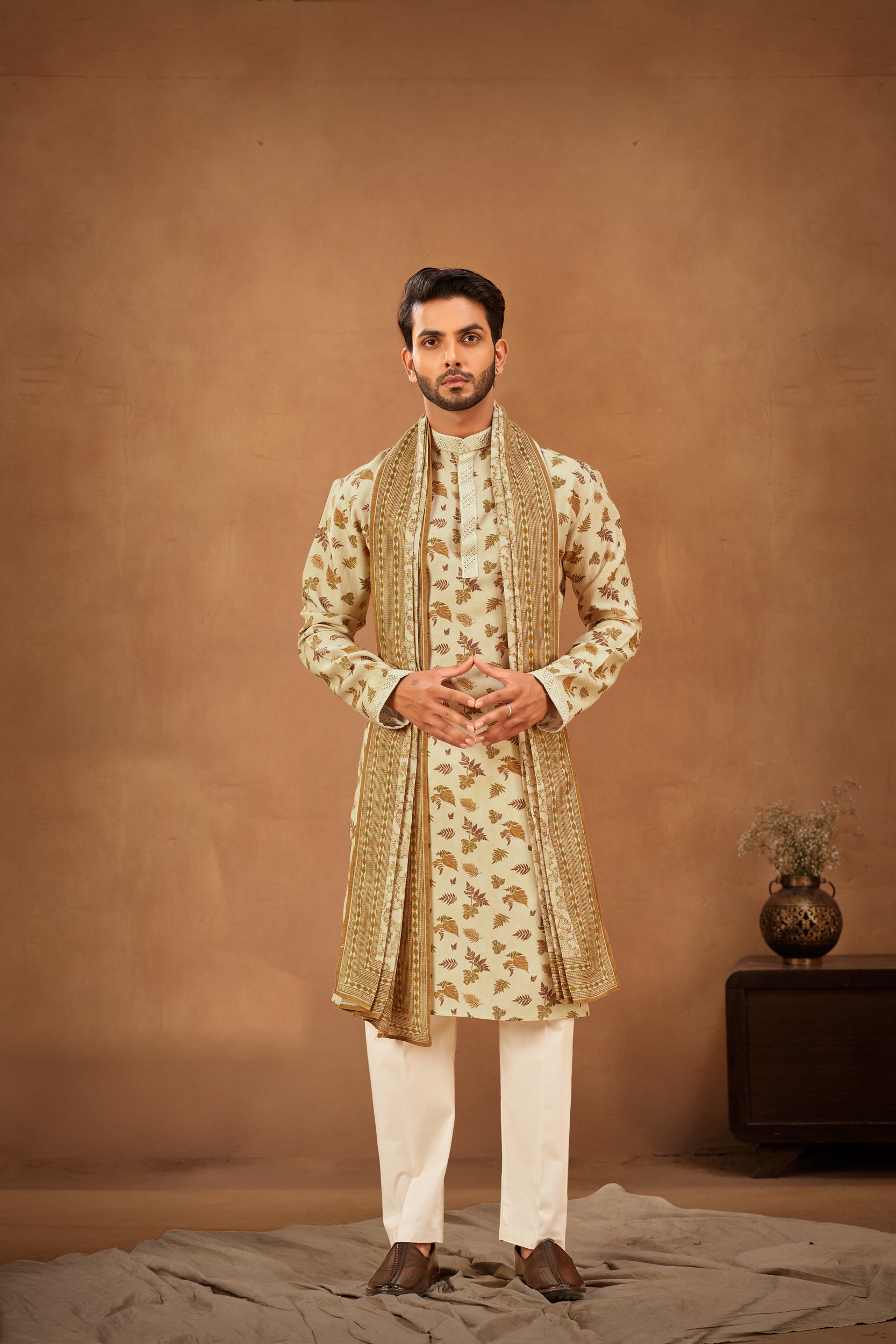 Beige Kurta with Fern Leaf Pattern, Stole with Off-White Pant