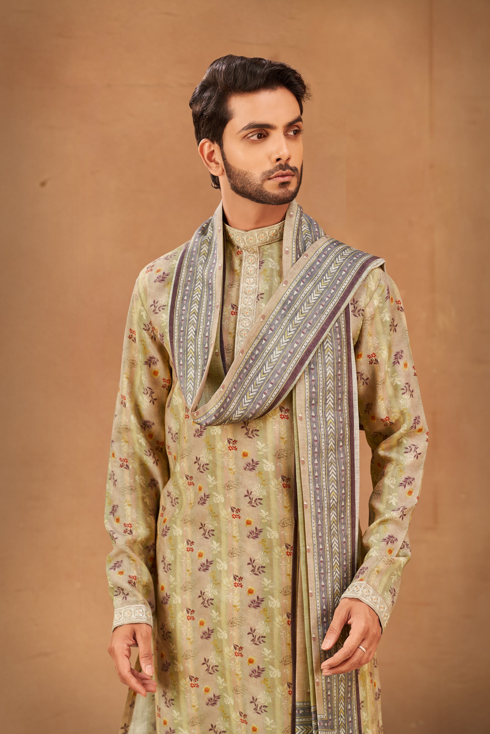 Light Brown Floral Design and Greenish-Yellow Stripes Kurta, Stole with Off-White Pants