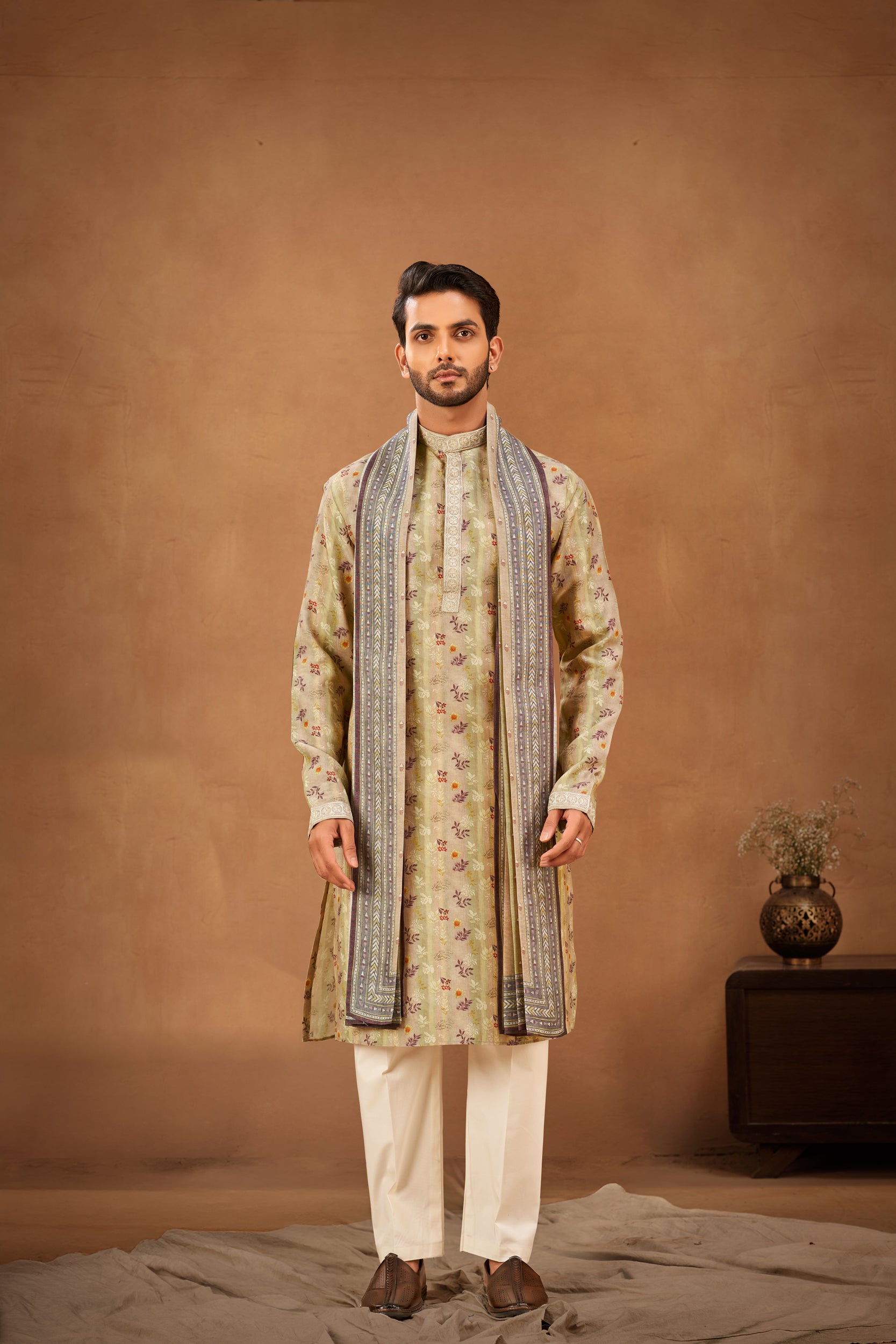 Light Brown Floral Design and Greenish-Yellow Stripes Kurta, Stole with Off-White Pants