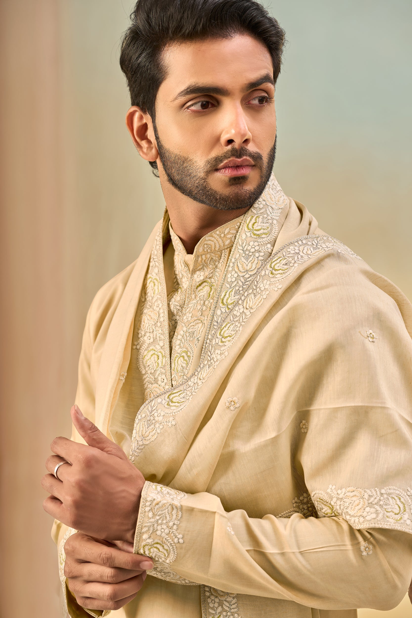 Beige Floral Zari and Self-Toned Embroidery Kurta, Stole with Off-White Pant