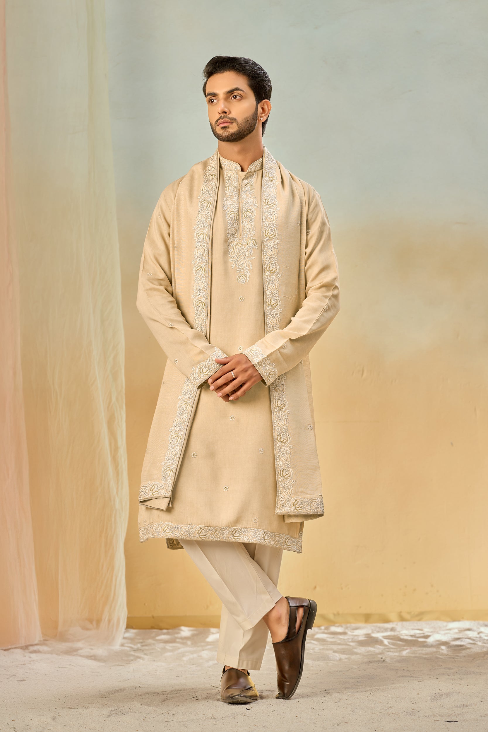 Beige Floral Zari and Self-Toned Embroidery Kurta, Stole with Off-White Pant