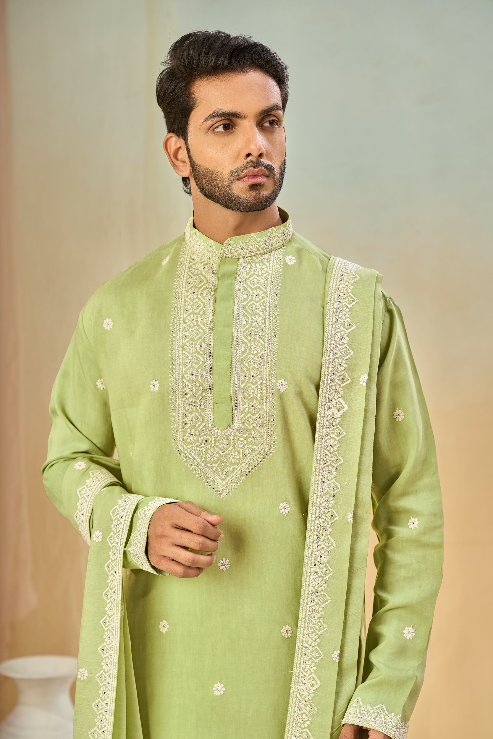 Montreal-Lime  Floral Off-White Cord Embroidery and Sequins Kurta, Stole with Off-White Pant