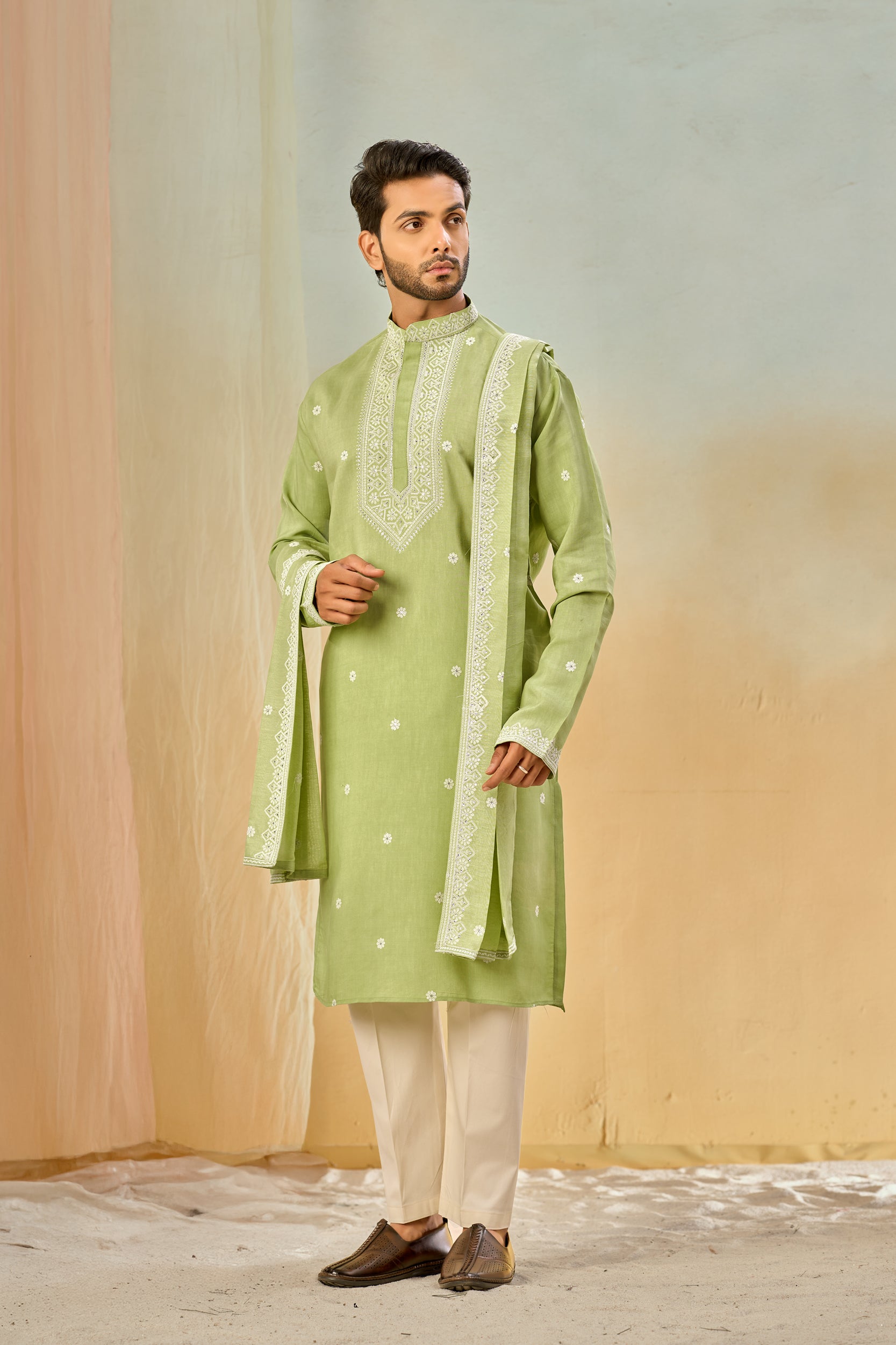 Montreal-Lime  Floral Off-White Cord Embroidery and Sequins Kurta, Stole with Off-White Pant