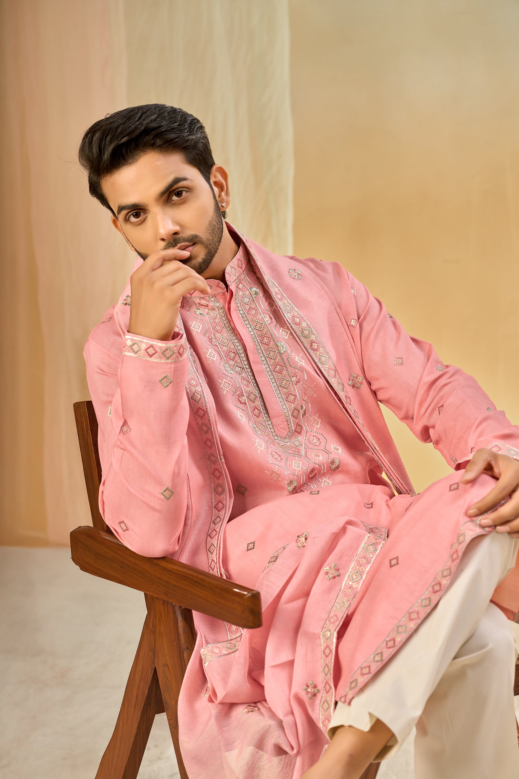 Blush-Pink  Geometric Multicolored Thread Embroidery and Sequins Kurta, Stole with Off-White Pant
