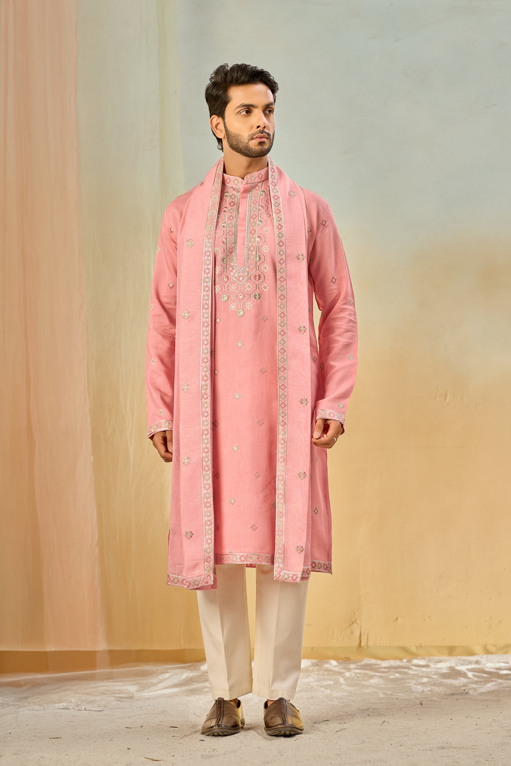 Blush-Pink  Geometric Multicolored Thread Embroidery and Sequins Kurta, Stole with Off-White Pant