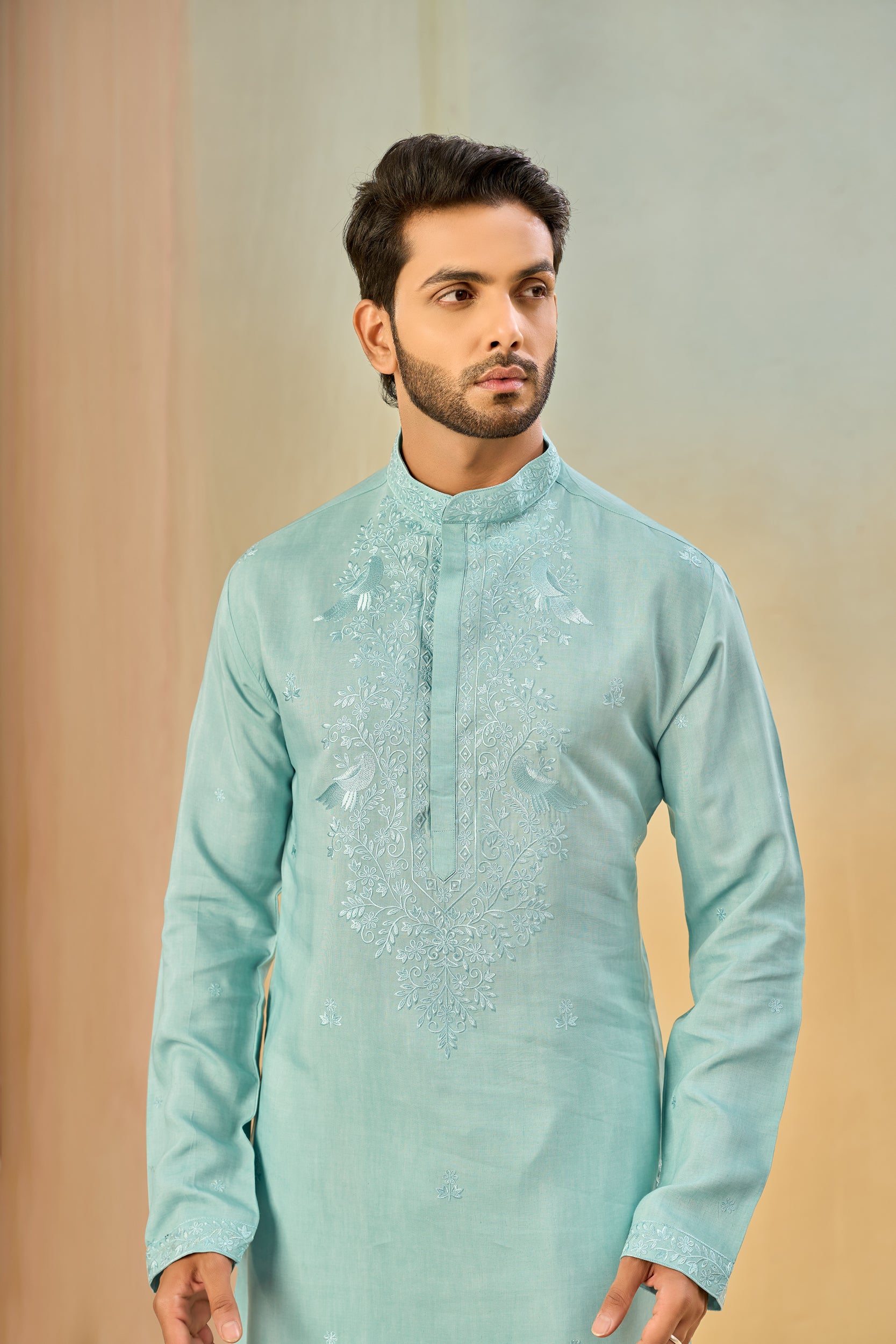 Aqua-Blue Blooming Garden Tone-on-Tone Thread Embroidery Kurta, Stole with Off-White Pant