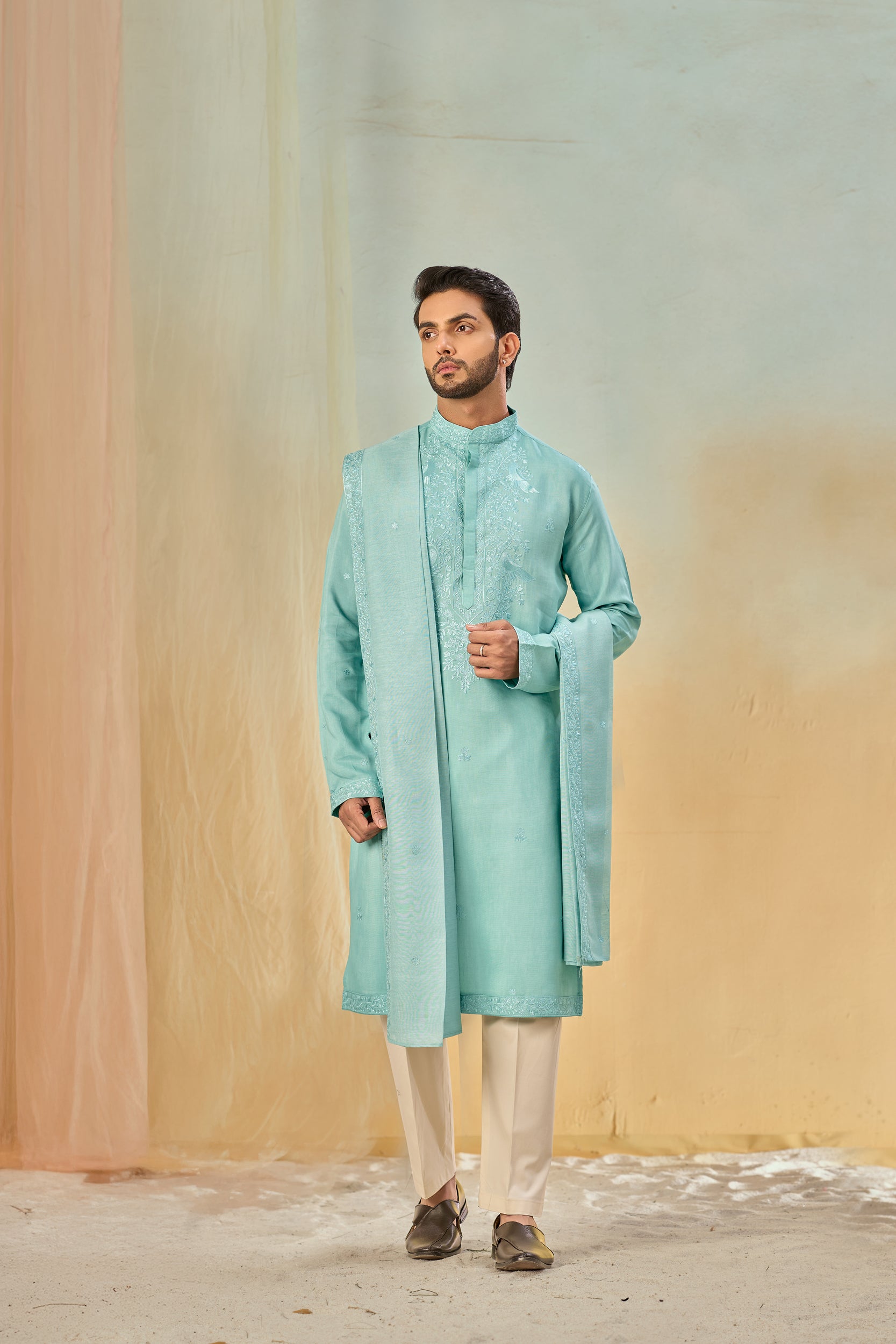 Aqua-Blue Blooming Garden Tone-on-Tone Thread Embroidery Kurta, Stole with Off-White Pant