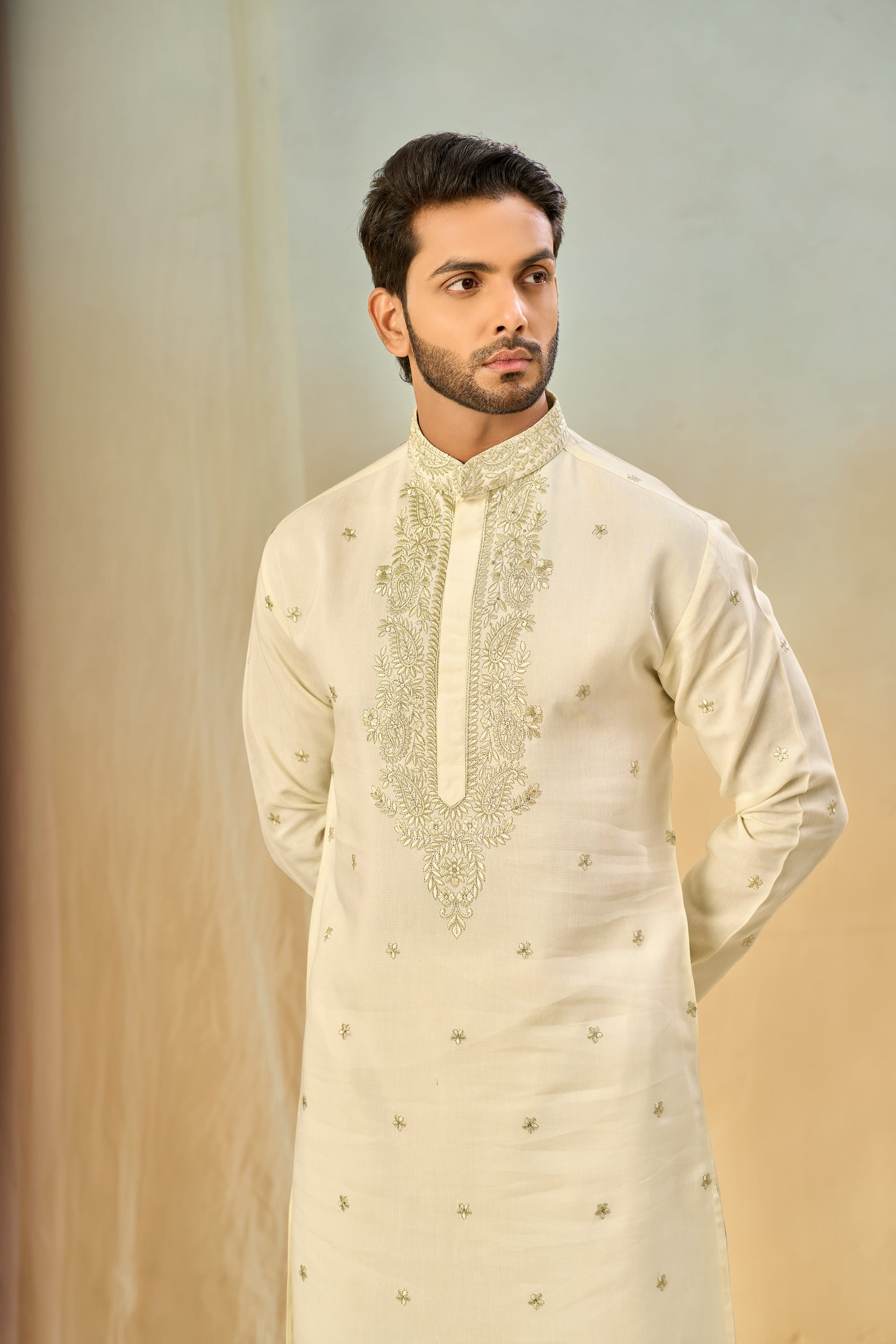 Beige Tone-on-Tone Floral Embroidery Kurta, Stole with Off-White Pant