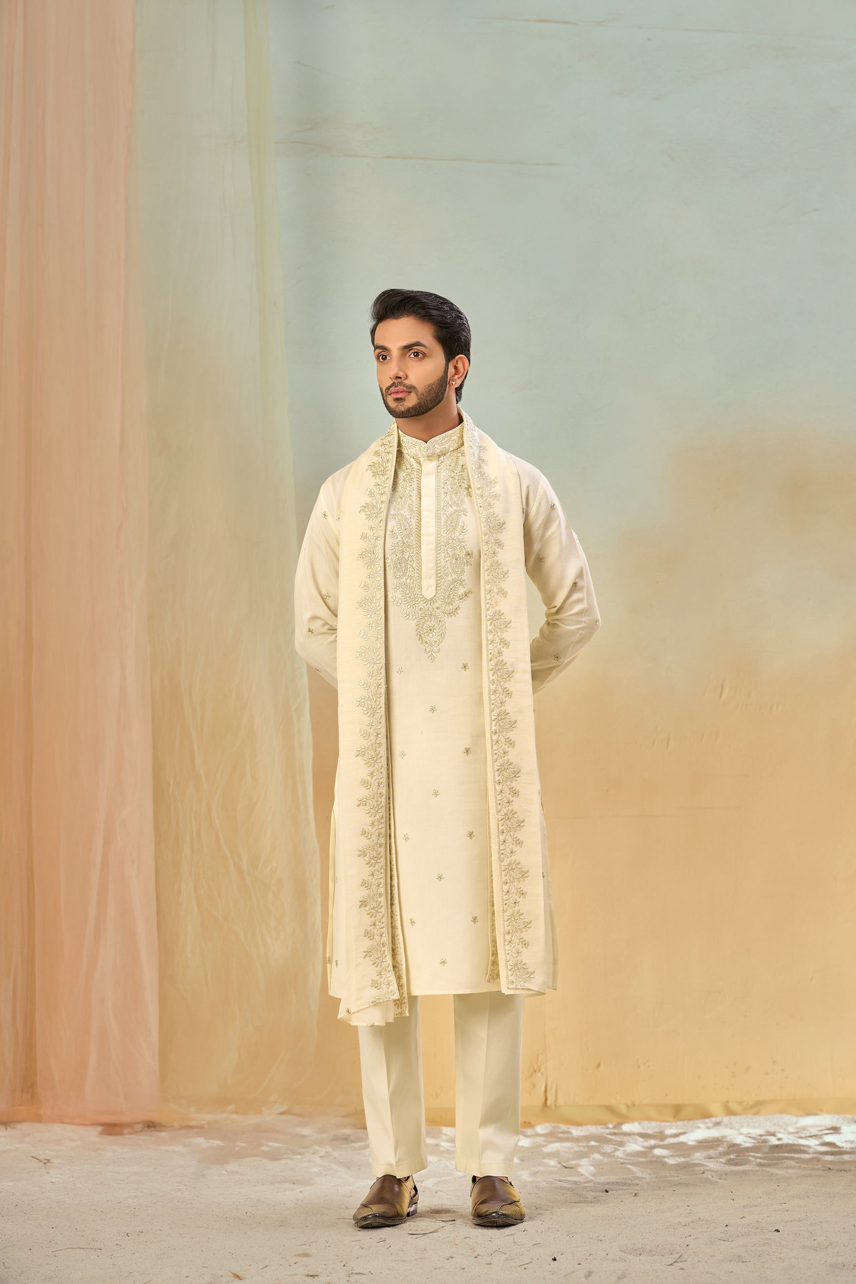 Beige Tone-on-Tone Floral Embroidery Kurta, Stole with Off-White Pant