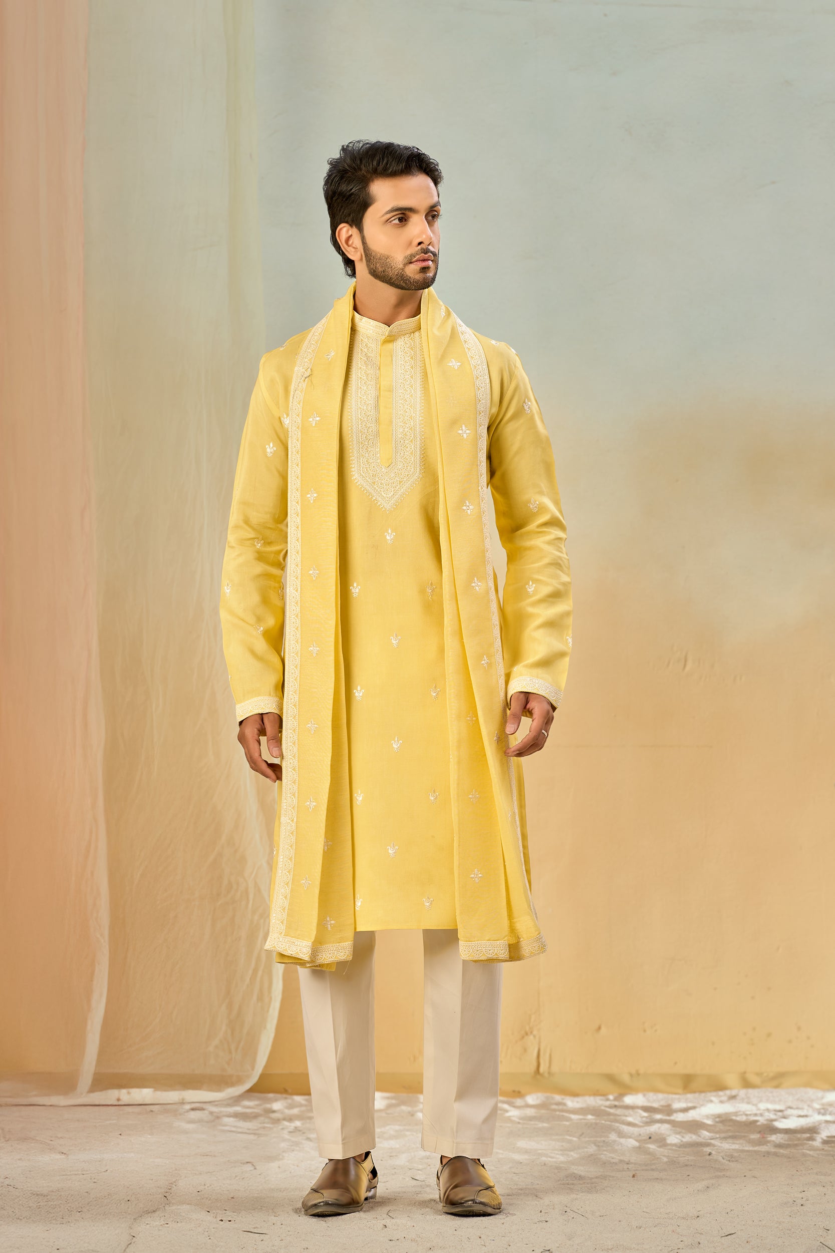 Straw Yellow Tone-on-Tone Floral Embroidery Kurta, Stole with Off-White Pant