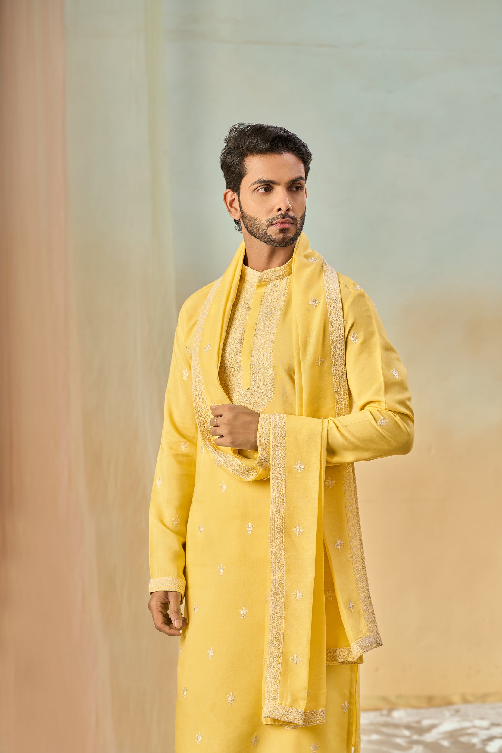 Straw Yellow Tone-on-Tone Floral Embroidery Kurta, Stole with Off-White Pant