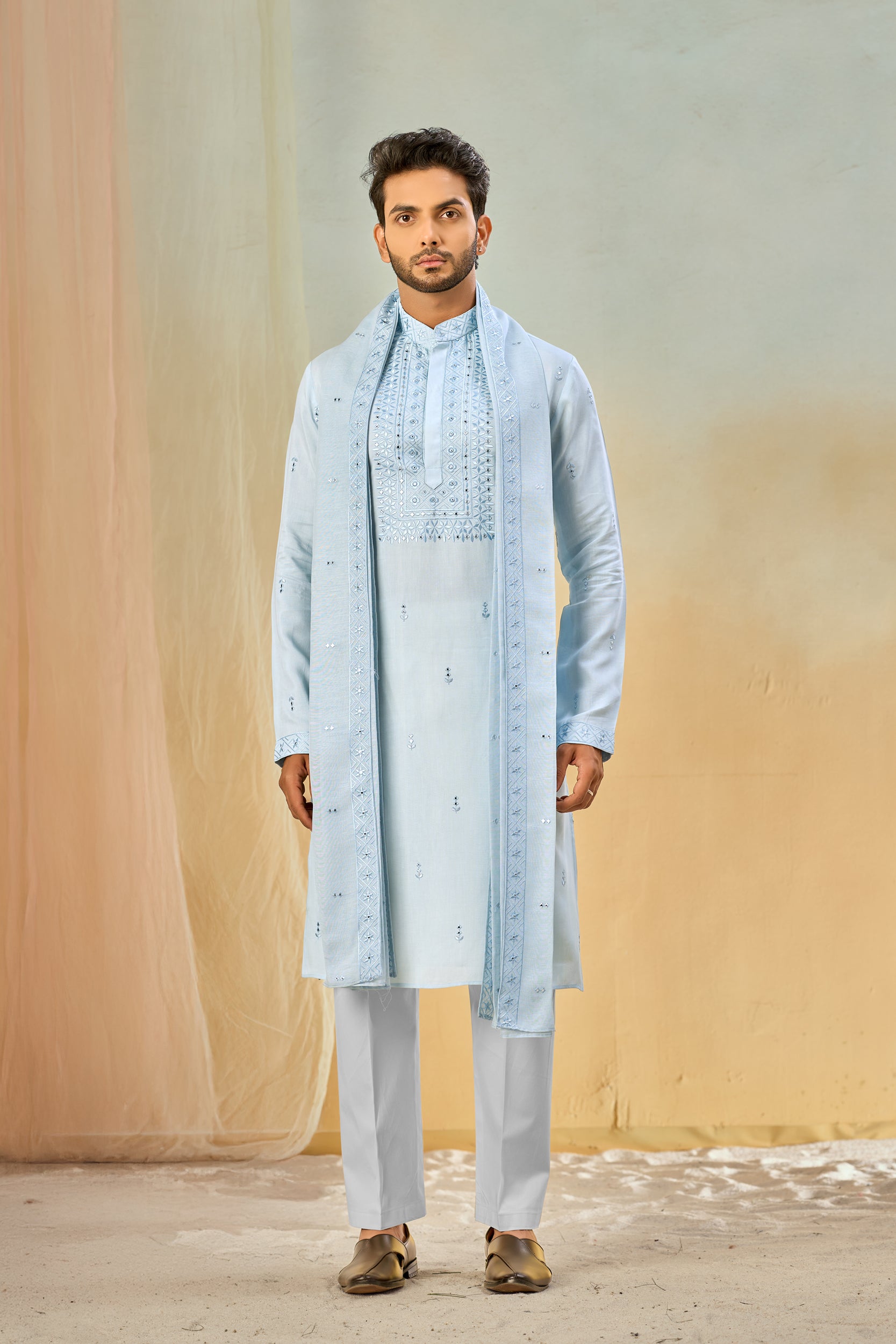 Columbia Blue Tone-on-Tone Floral Embroidery Kurta, Stole with Off-White Pant