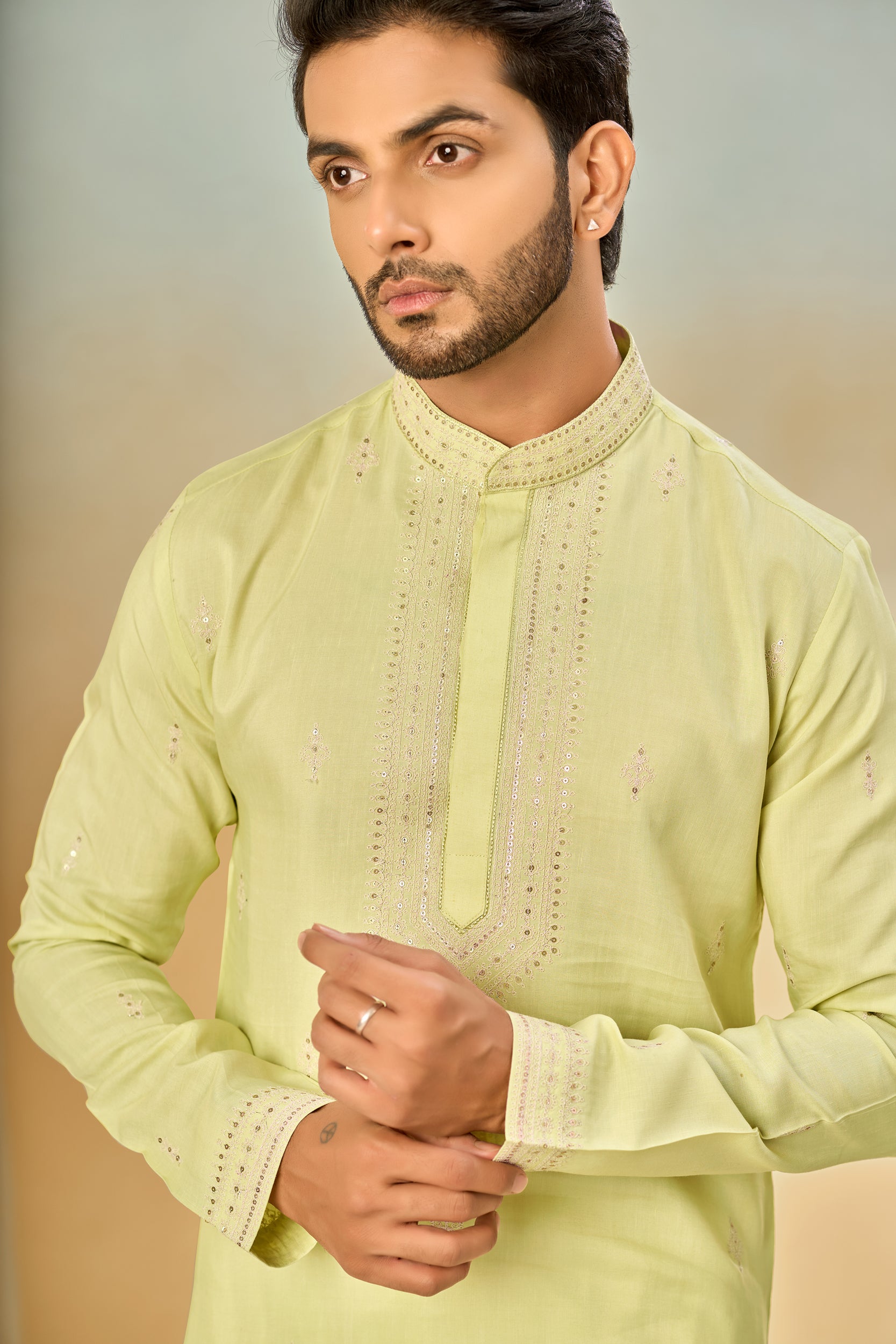 Light Pista Tone-on-Tone Embroidery Kurta, Stole with Off-White Pant